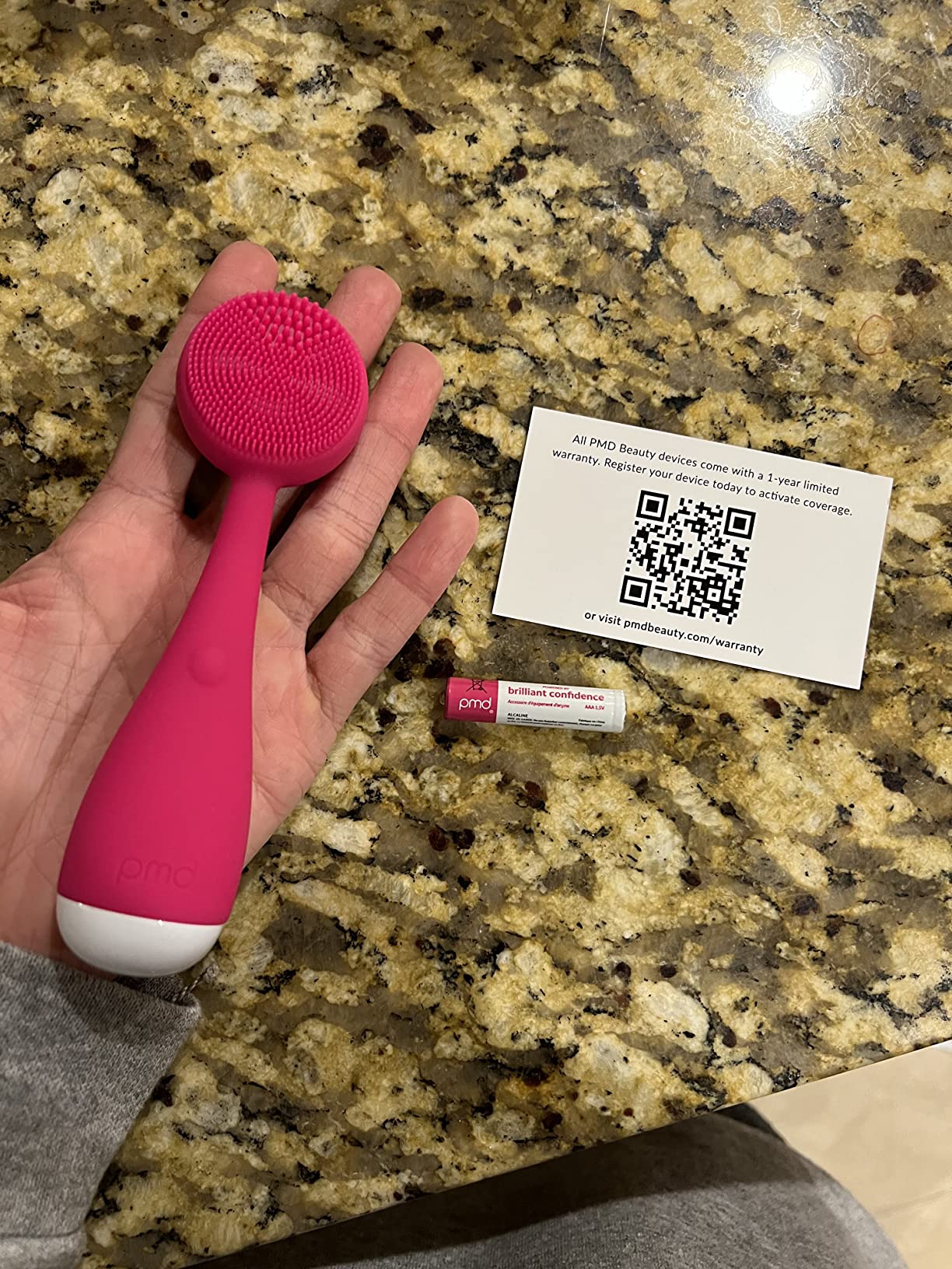 PMD Clean Mini - Smart Facial Cleansing Device with Silicone Brush & Anti-Aging Massager - Waterproof - SonicGlow Vibration Technology - Clear Pores and Blackheads - Lift, Firm, and Tone Skin, Pink Customer Review PMD Clean Mini - Smart Facial Cleansing Device with Silicone Brush & Anti-Aging Massager - Waterproof - SonicGlow Vibration Technology - Clear Pores and Blackheads - Lift, Firm, and Tone Skin, Pink - Customer Photo 1