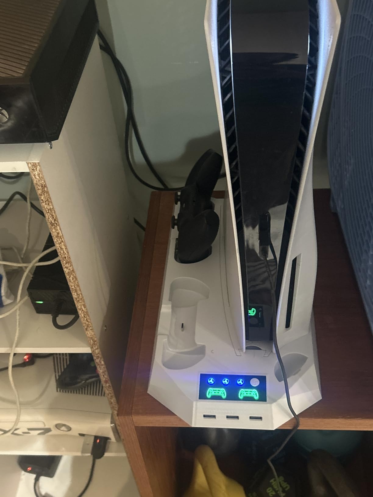 PS5/PS5 Slim/PS5 Pro Stand and Cooling Station with Dual Controller Charging Station for PlayStation 5 Console, PS5 Accessories Incl. Controller Charger, Cooling Fan, Headset Holder, 3 USB Hub, White - Customer Photo 2