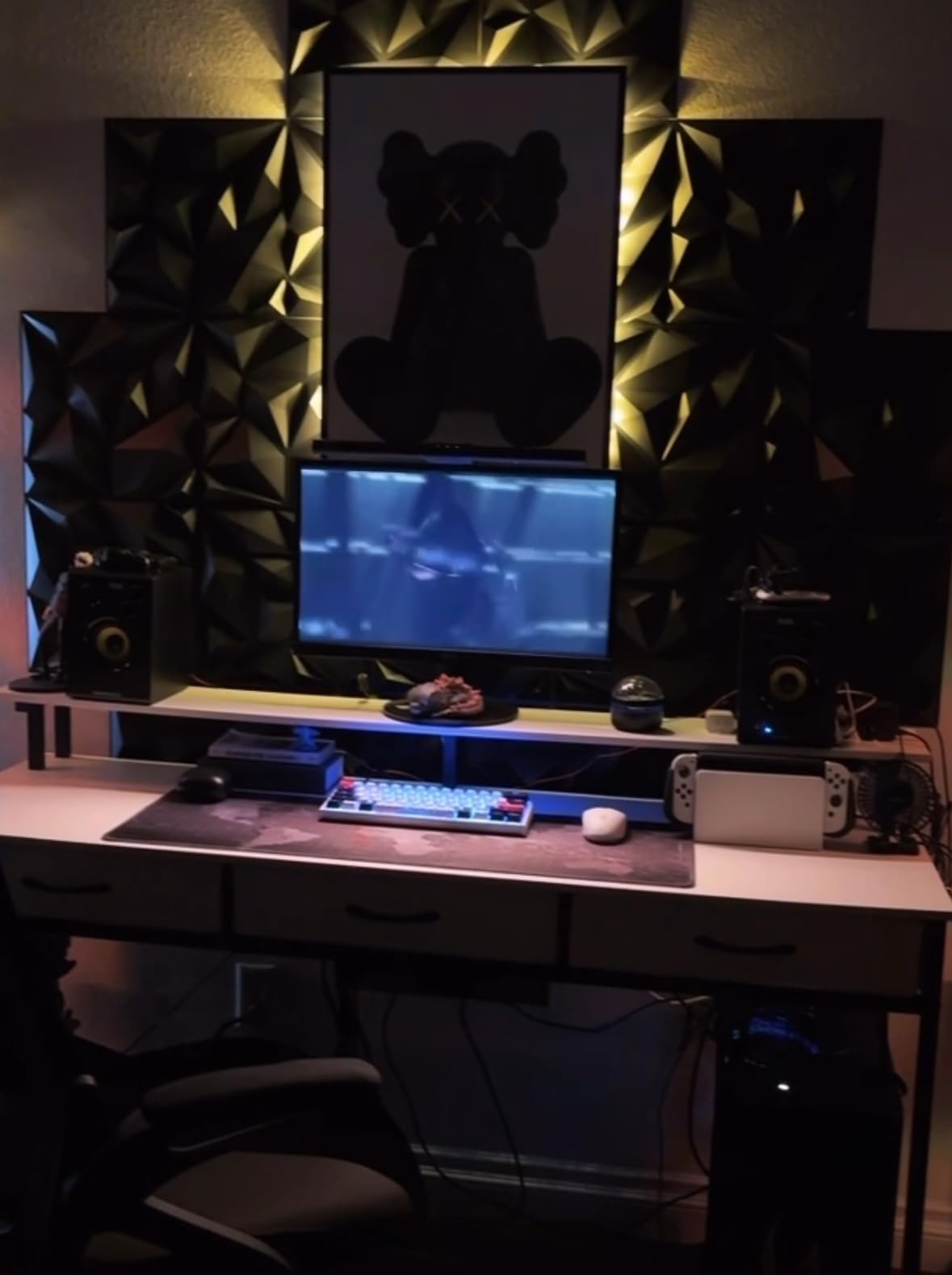 Rolanstar Computer Desk with Power Outlets & LED Light, 47 inch Home Office Desk with 3 Drawers and Storage Shelves, Writing Desk with Monitor Stand, Modern Work Desk for Home Office, Carbon Black - Customer Photo 1