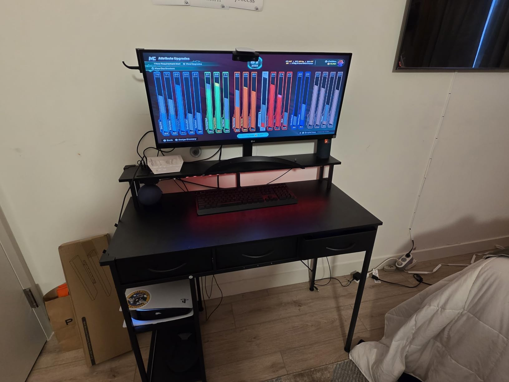 Rolanstar Computer Desk with Power Outlets & LED Light, 47 inch Home Office Desk with 3 Drawers and Storage Shelves, Writing Desk with Monitor Stand, Modern Work Desk for Home Office, Carbon Black - Customer Photo 3