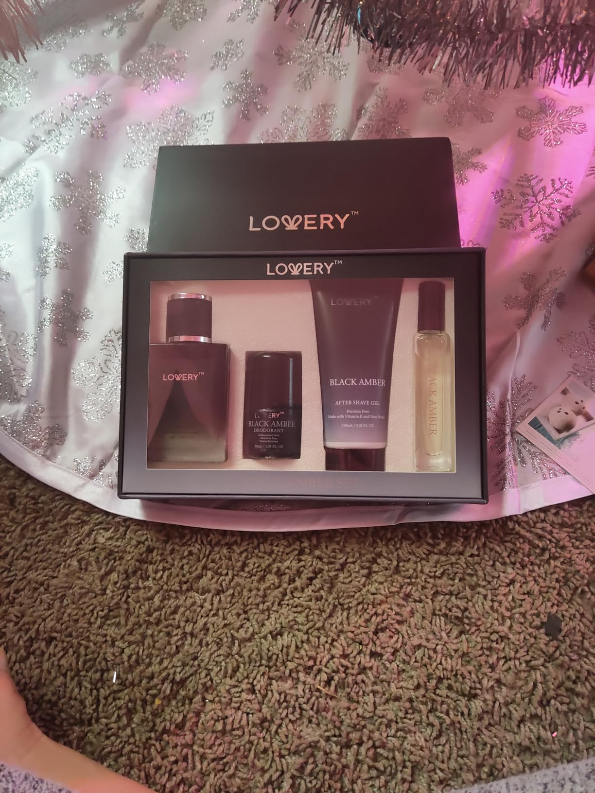 LOVERY Mens Gifts Black Amber Mens Perfume 4 in 1 Deodorant & Cologne Gift Set - 4pc Mens Cologne Set - Parfum, Antiperspirant Deodorant Stick, Aftershave Gel, Masculine Birthday Perfumes for Men - Customer Photo 1