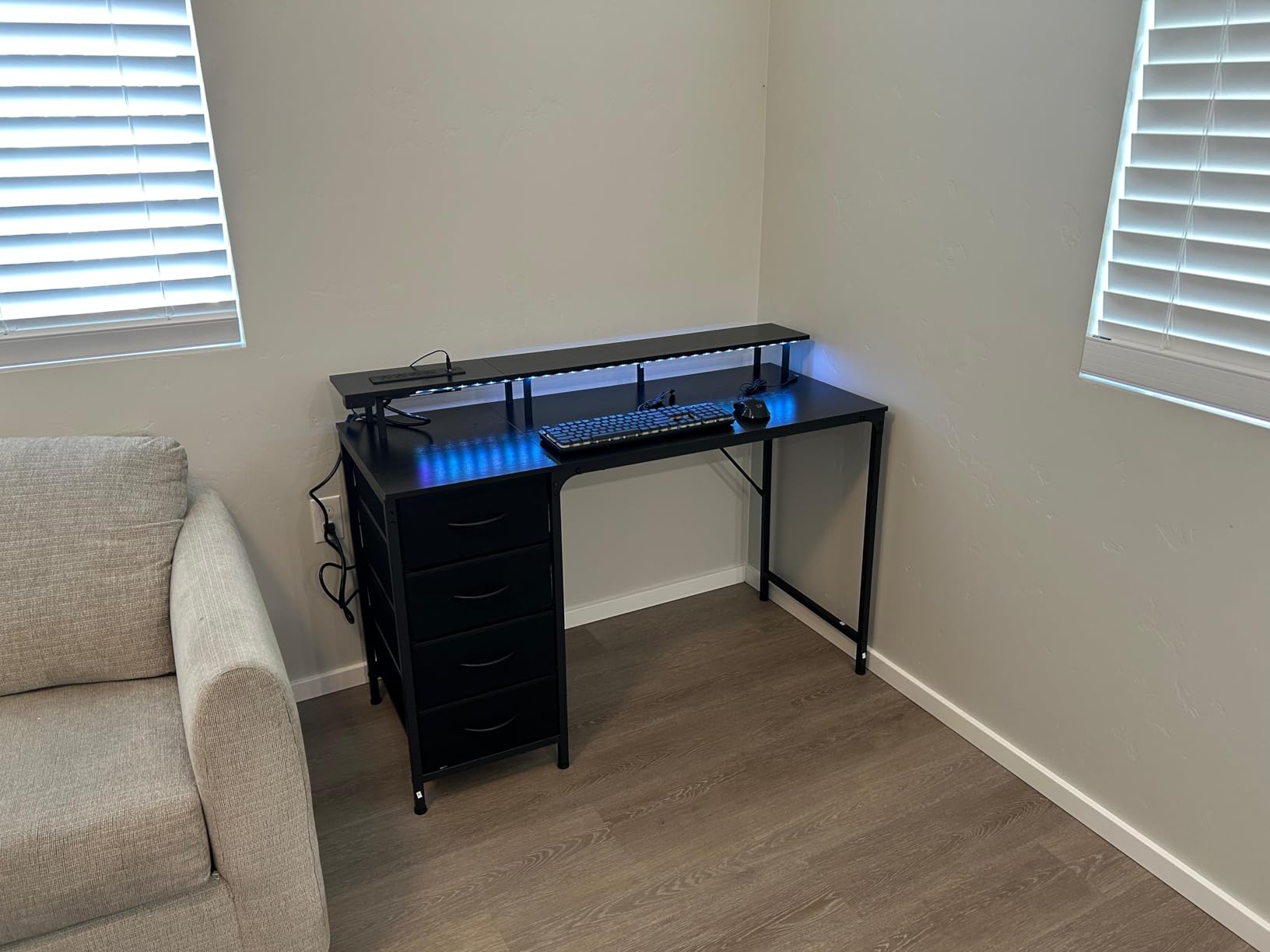 Huuger 47 Inch Computer Desk with Power Outlets and LED Lights, Gaming Desk with 4 Drawers, Office Desk with Monitor Stand, Study Work Home Office, Small Spaces, Black - Customer Photo 3