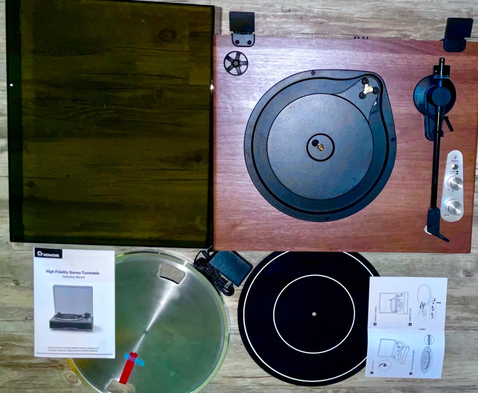 Vinyl Record Player Bluetooth Input/Output, Wohome All-in-One Hi-Fi Vintage Turntable with 4 Built in Speakers, AT-3600L Magnetic Cartridge, RCA Line Out, AUX in Headphone Jack, Auto Off - Customer Photo 1