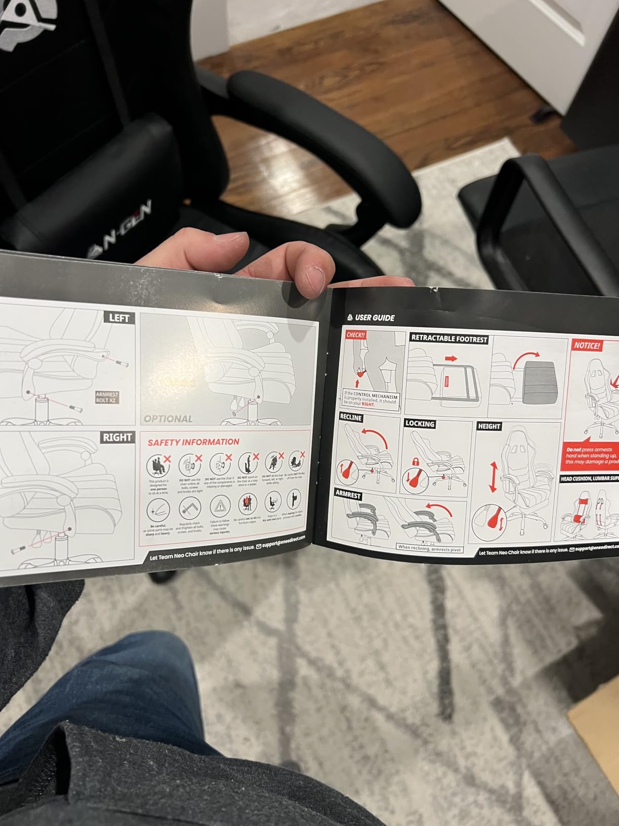 N-GEN GAMING Video Gaming Chair with Footrest Lumbar Support for Home Office High Back Recliner Height Adjustable Ergonomic Comfy Leather Computer Desk Chair (Black) - Customer Photo 2