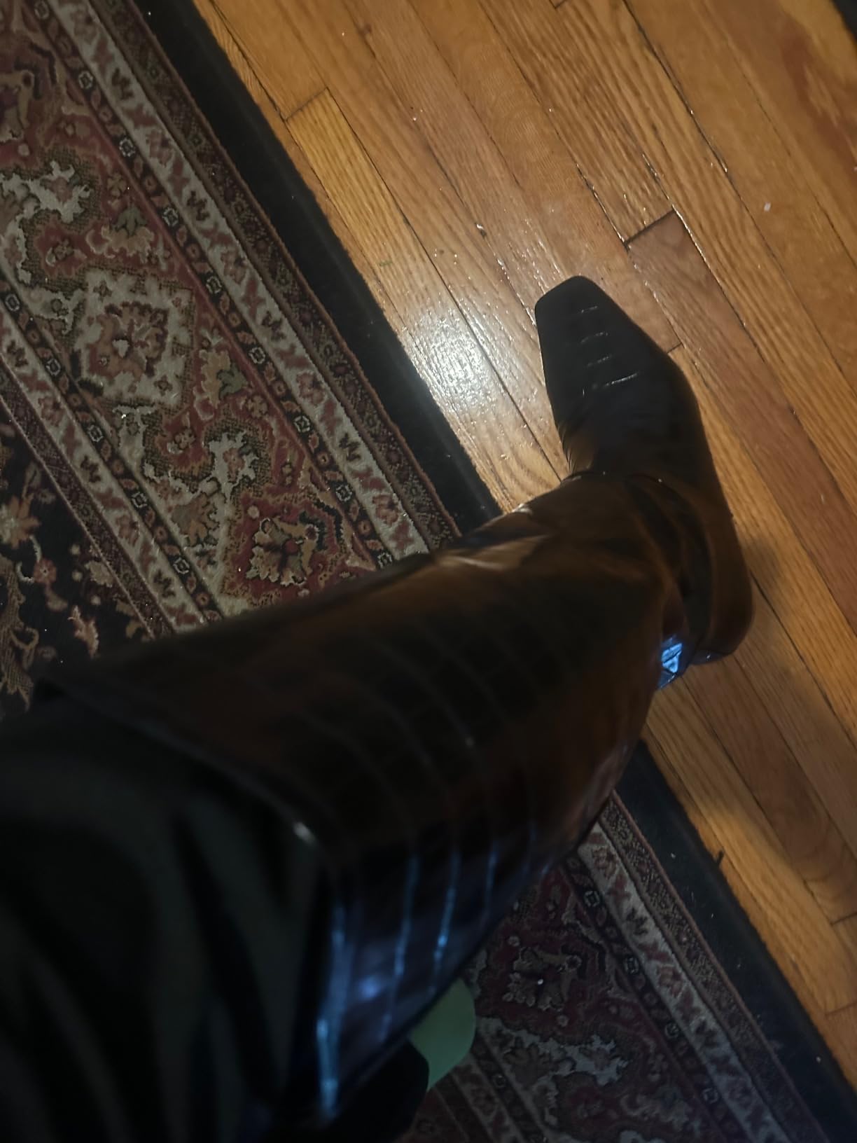 COMJUY Brown Crocodile Kitten Heel Knee High Boots for Women, 1.5-in Stiletto Low Heel Long Boots Women Knee High, Womens Pull on Pointed Toe Tall Boots, Below the Knee Boots Faux Leather Customer Review COMJUY Brown Crocodile Kitten Heel Knee High Boots for Women, 1.5-in Stiletto Low Heel Long Boots Women Knee High, Womens Pull on Pointed Toe Tall Boots, Below the Knee Boots Faux Leather - Customer Photo 2