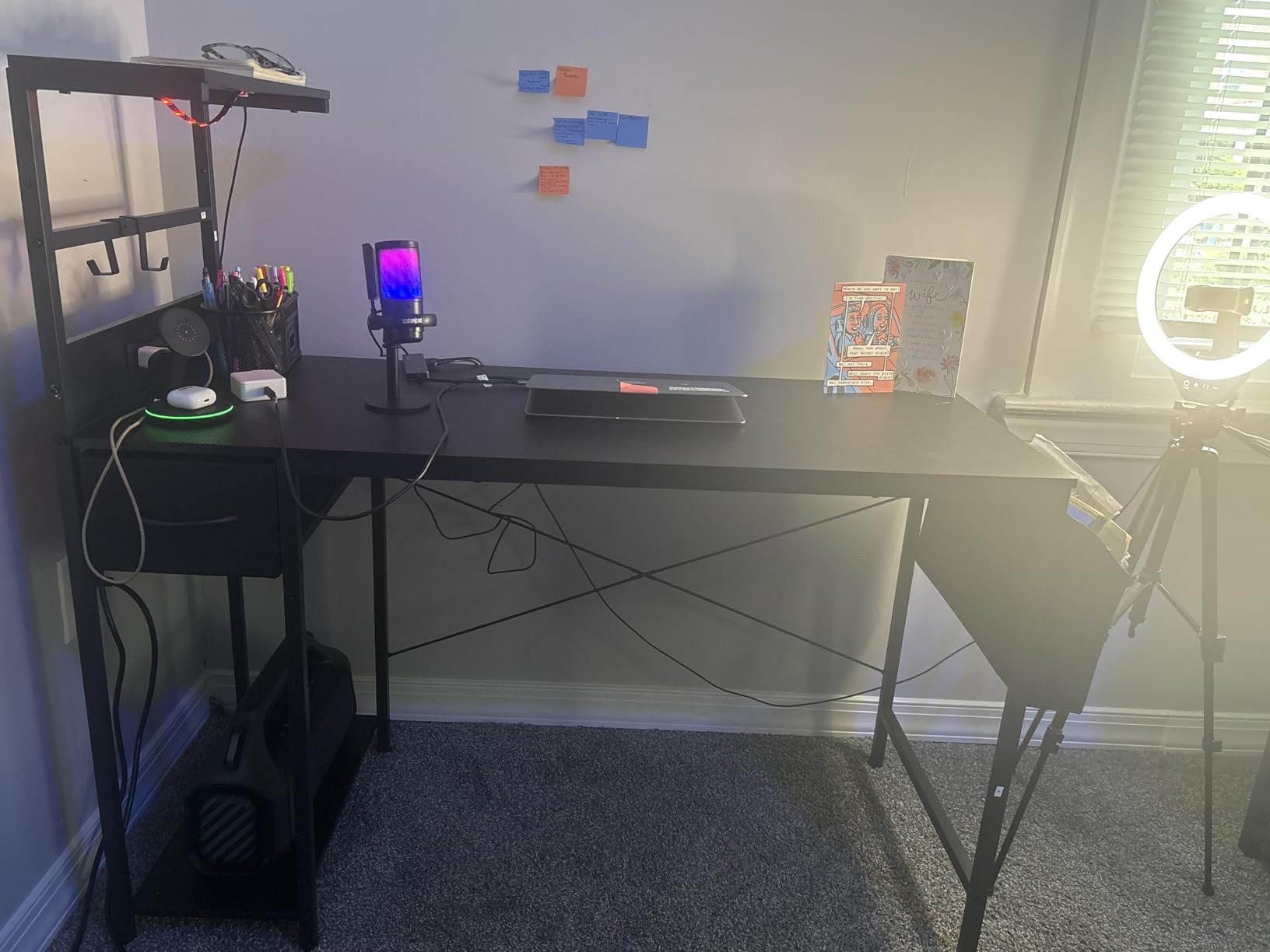 Grandder Gaming Desk 40 Inch with Power Outlet and LED Light, Computer Desk with Reversible Shelves and Storage Drawer, Pc Small Desk for Home Office Table with Bag, Carbon Fiber Black Customer Review Grandder Gaming Desk 40 Inch with Power Outlet and LED Light, Computer Desk with Reversible Shelves and Storage Drawer, Pc Small Desk for Home Office Table with Bag, Carbon Fiber Black - Customer Photo 1