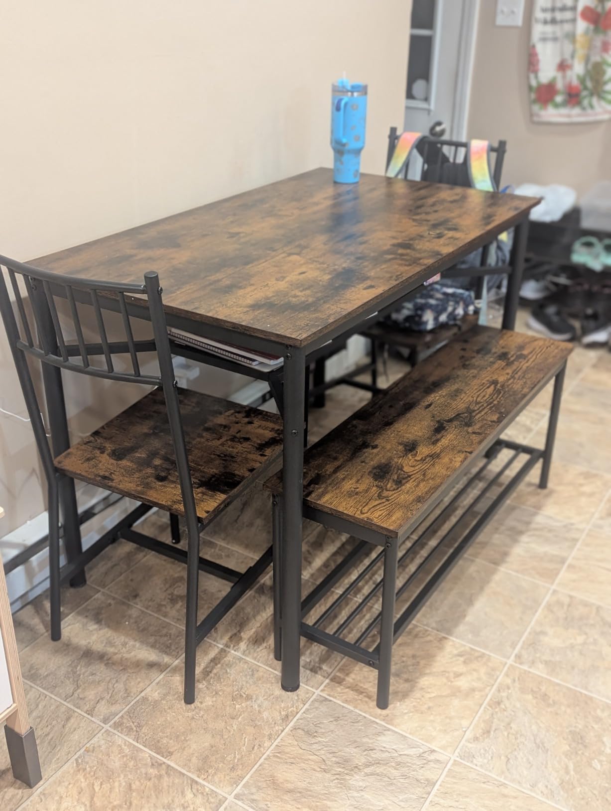 GarveeHome Dining Table Set for 4, Kitchen Table and Chairs for 4 with Wine Rack, Room Dining Table Set with Storage Benches, Rectangular Kitchen Table Set for Small Space, Apartment, Retro Gray - Customer Photo 1