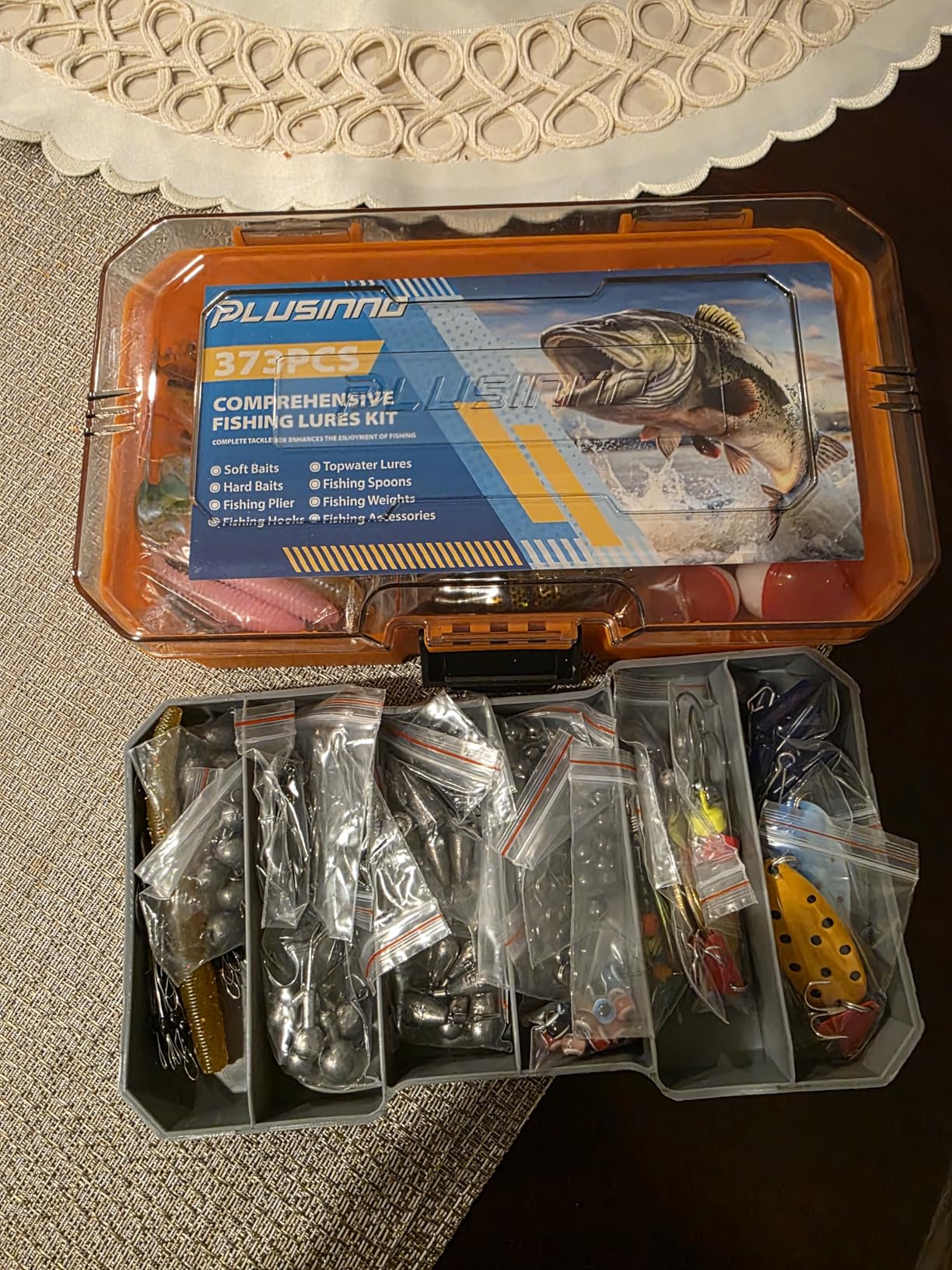 PLUSINNO Fishing Tackle Box with Tackle Included, 373PCS Fishing Lures Kit with Removable Tray, Fishing Gear with Pliers, Weights, Hooks, Accessories, Fishing Tackle Lure Kit Gifts for Men Bass Trout - Customer Photo 2
