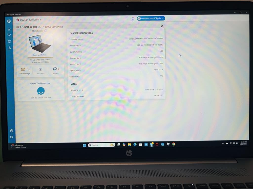 HP 17.3 inch Laptop, FHD Display, Intel Core i5-1334U, 16 GB RAM, 512 GB SSD, Intel Iris Xe Graphics, Windows 11 Home, Natural Silver, 17-cn3399nr - Customer Photo 5