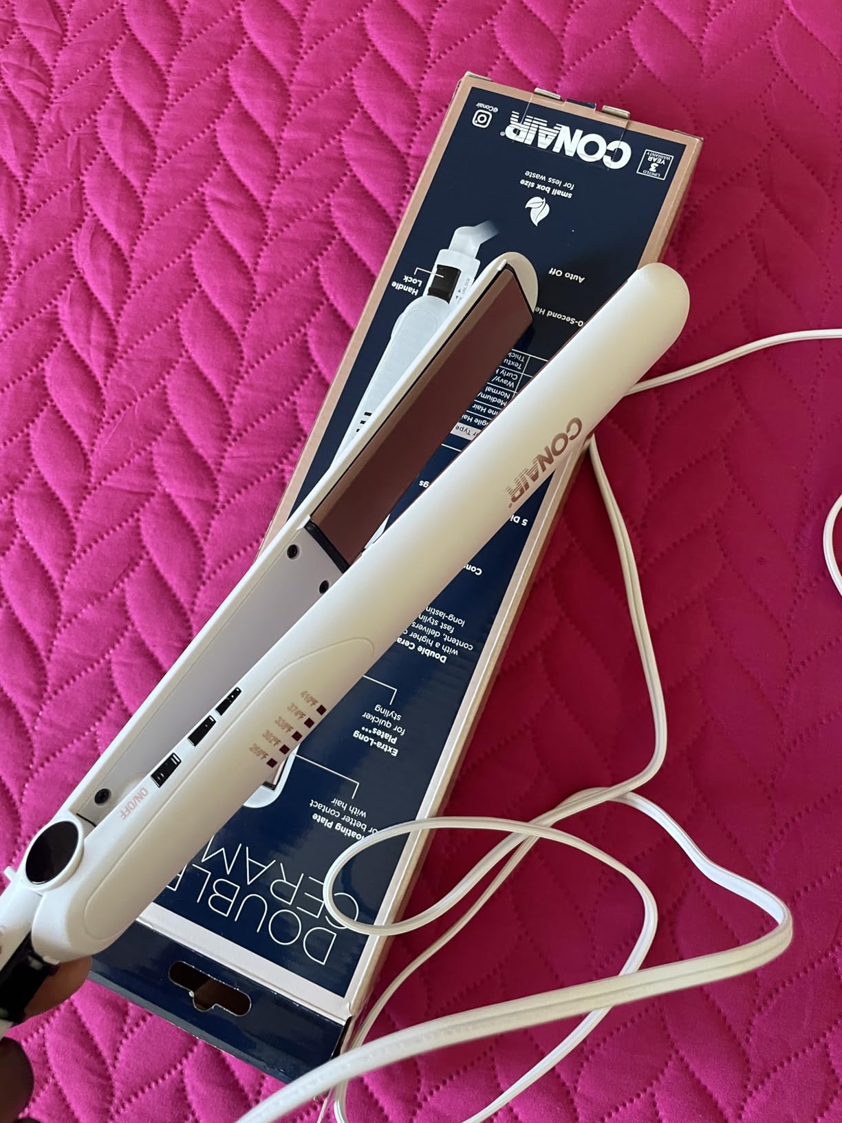 Conair Double Ceramic Flat Iron, 1-Inch Flat Iron Hair Straightener with Claw Clip, 5 Heat Settings, Extra-Long Floating Plates, White - Customer Photo 1