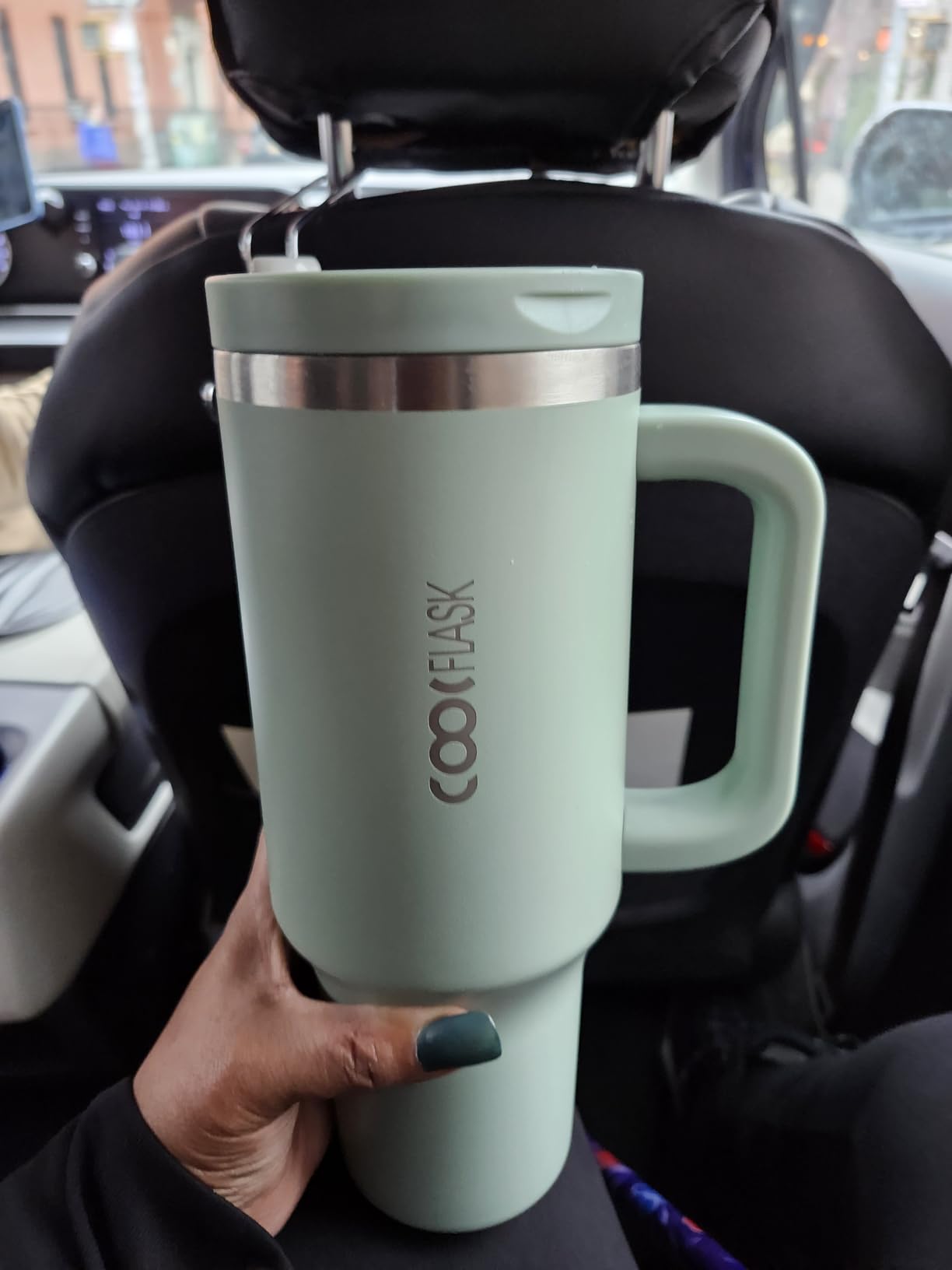 Coolflask Water Bottle 32 oz Fits Car Cup Holder, Slim Tumbler Stainless Steel with Straw & Handle, Vacuum Flask Leakproof Wide Mouth for Travel Sports Gym, Blue - Customer Photo 2