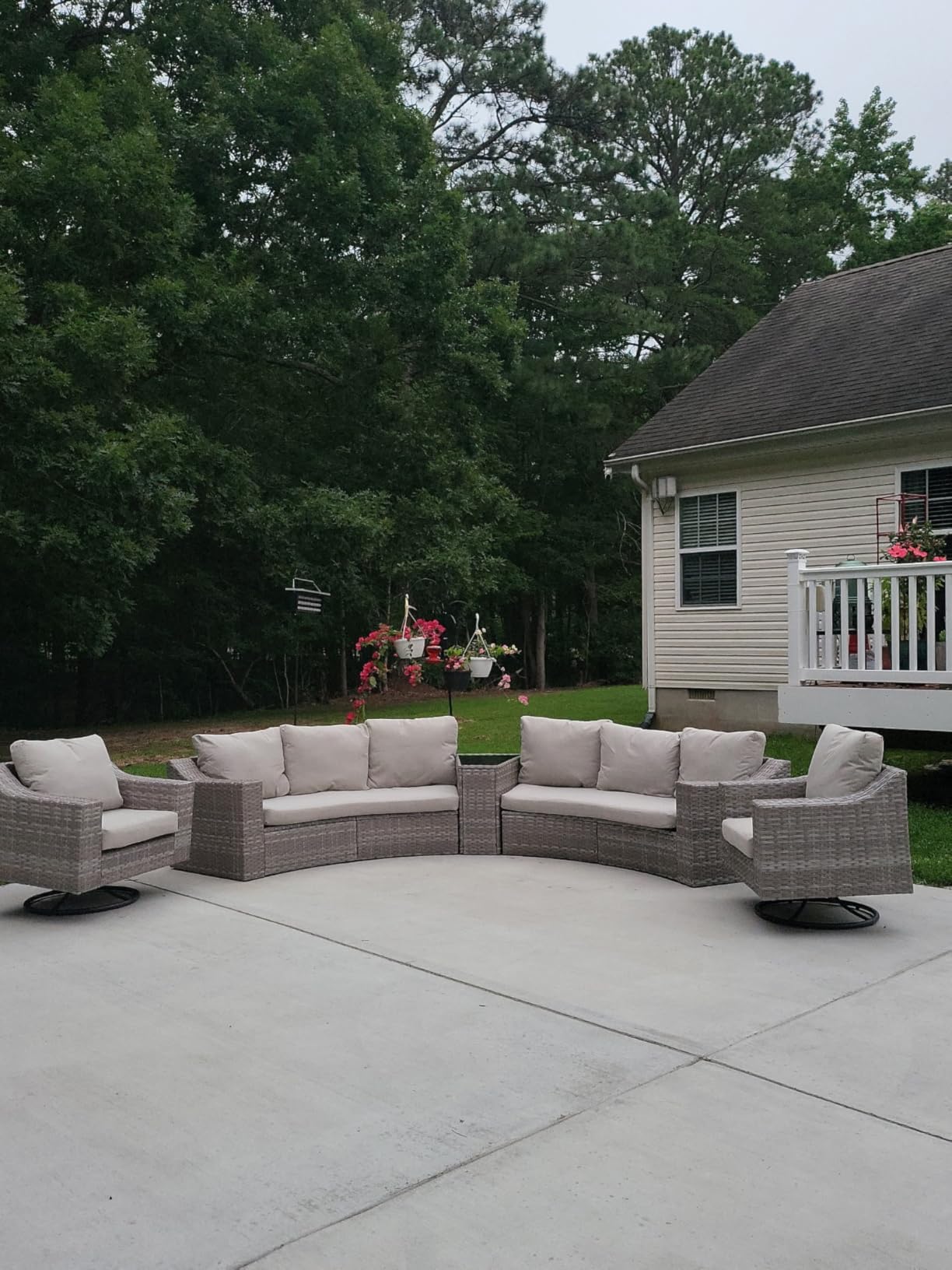 9-Piece Wicker Patio Furniture Set with Swivel Rocking Chairs, Curved Sectional Sofa with Storage Table, All-Weather Outdoor Conversation Set with 6