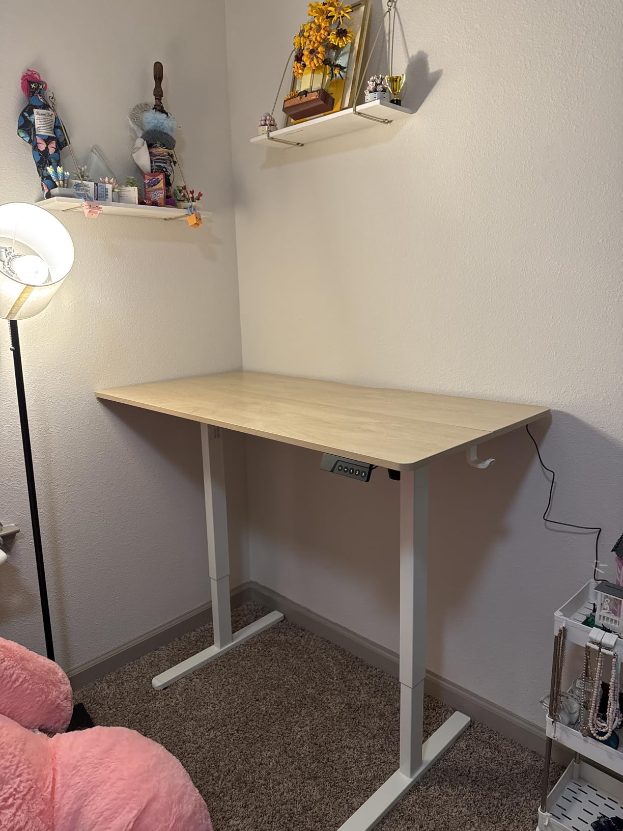 FEZIBO Standing Desk, 48 × 24 Inches Electric Height Adjustable, Sit and Stand Up, Computer Office Desk with Splice Board, White Frame/Maple TOP Customer Review FEZIBO Standing Desk, 48 × 24 Inches Electric Height Adjustable, Sit and Stand Up, Computer Office Desk with Splice Board, White Frame/Maple TOP - Customer Photo 2