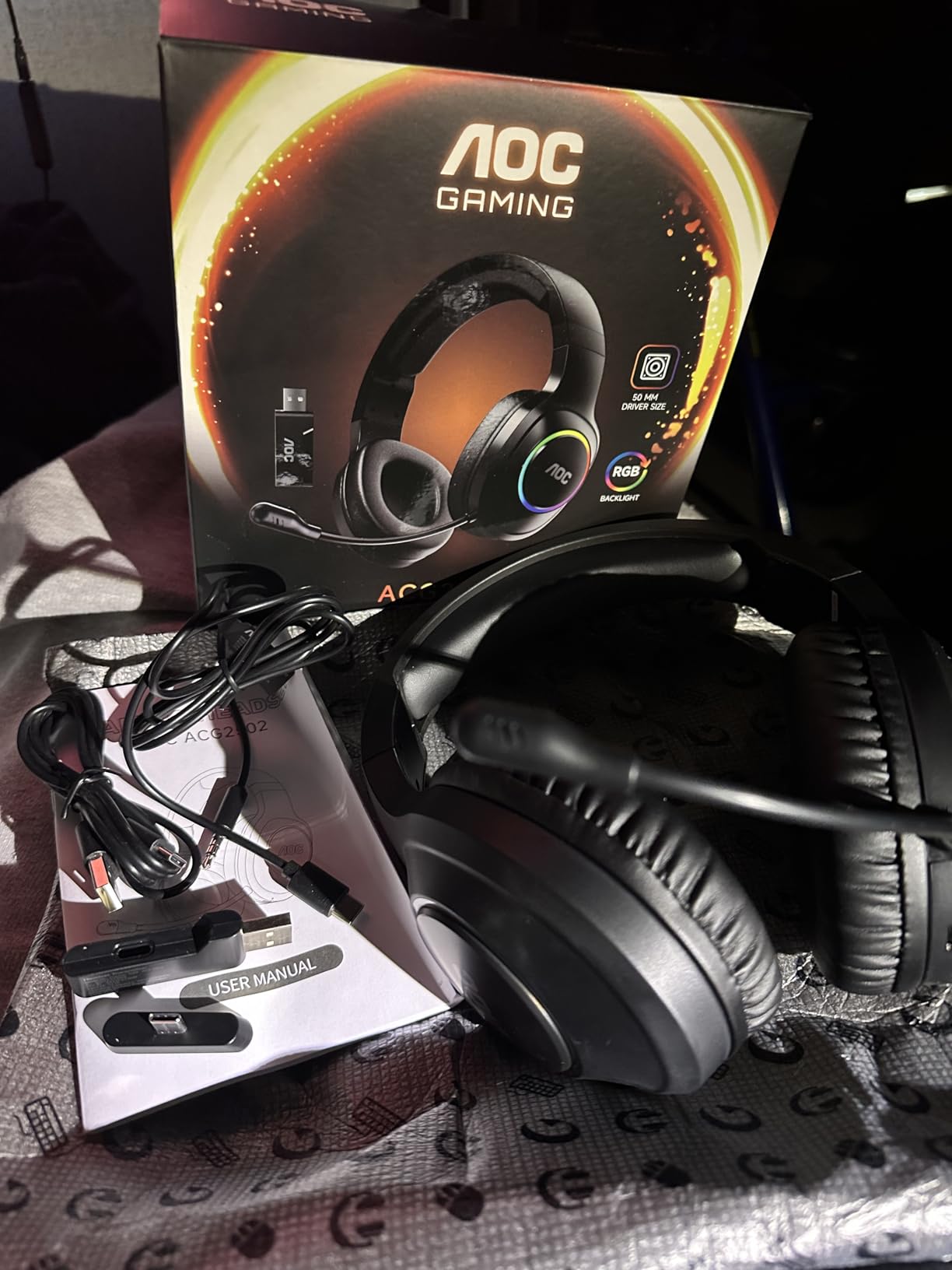 AOC Wireless Gaming Headset Compatible with PS5/4, Nintendo Switch, PC, Bluetooth 5.4 & 2.4GHz Gaming Headphones with Noise Canceling Mic, RGB, Type-C, 20ms Latency, 45H, 7.1 Virtual Surround- Black Customer Review AOC Wireless Gaming Headset Compatible with PS5/4, Nintendo Switch, PC, Bluetooth 5.4 & 2.4GHz Gaming Headphones with Noise Canceling Mic, RGB, Type-C, 20ms Latency, 45H, 7.1 Virtual Surround- Black - Customer Photo 2