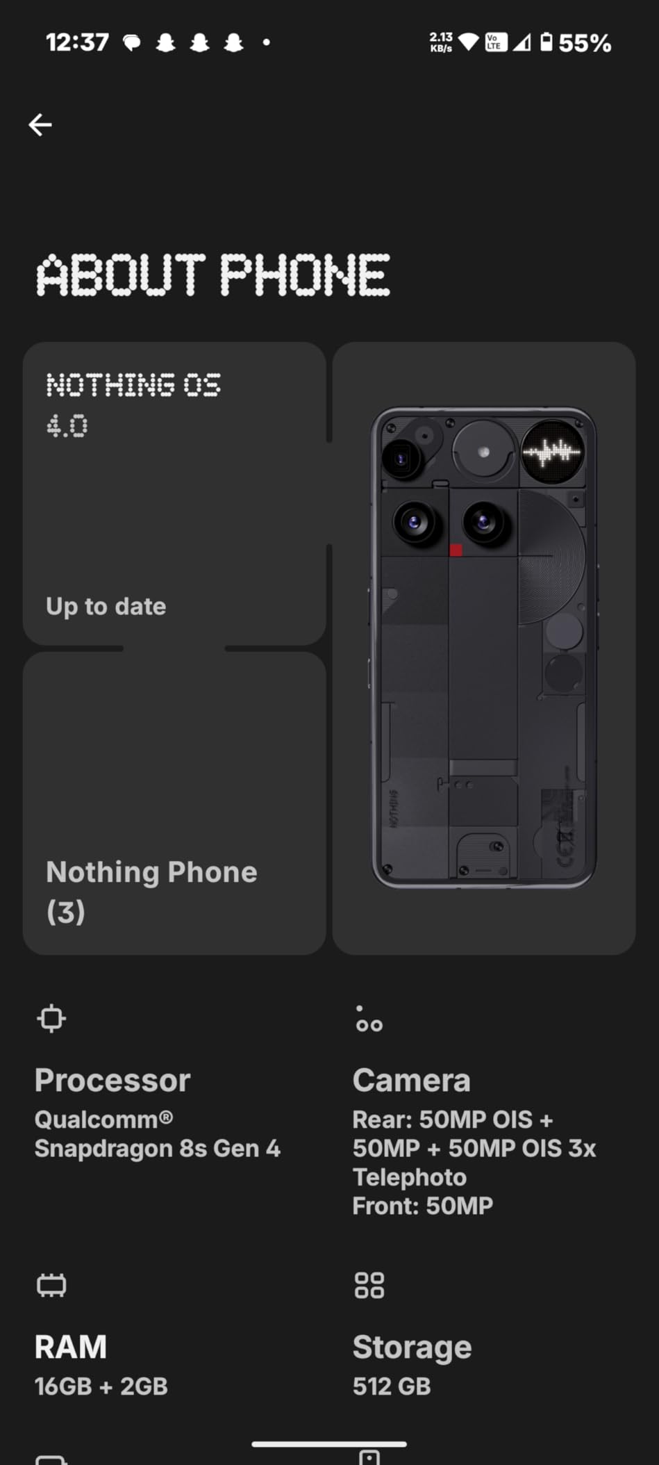 Nothing Phone (3) Cell Phone, 2025 New 5G Unlocked Phones 256GB, Android 15, Snapdragon 8s Gen4, AI Mobile Phones with Four 50MP Cameras & AMOLED Display, 5150mAh, Glyph Interface, Smartphone Black Customer Review Nothing Phone (3) Cell Phone, 2025 New 5G Unlocked Phones 256GB, Android 15, Snapdragon 8s Gen4, AI Mobile Phones with Four 50MP Cameras & AMOLED Display, 5150mAh, Glyph Interface, Smartphone Black - Customer Photo 1