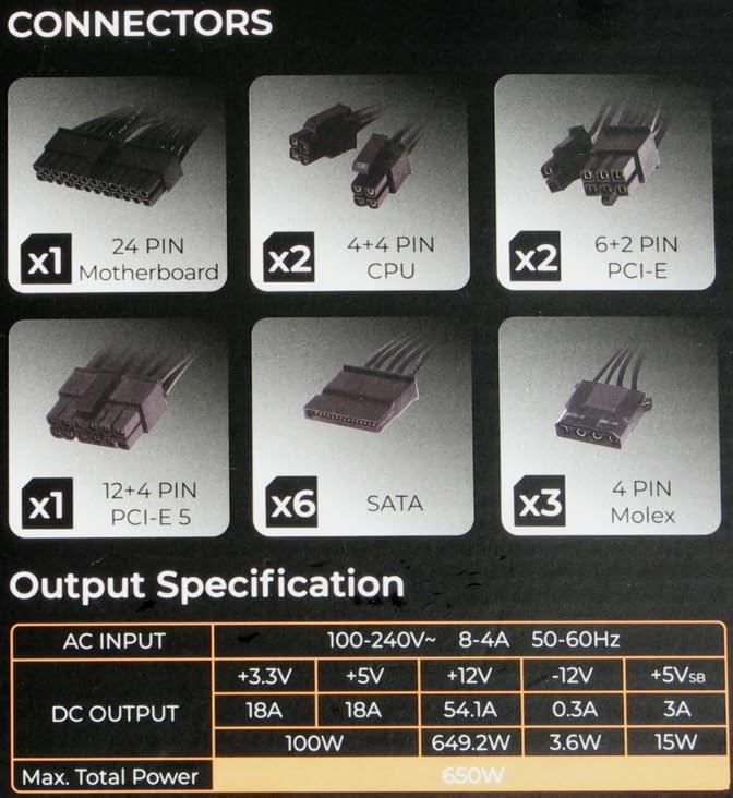 Rosewill VSB 650W 80+ Bronze, ATX 3.0 & 3.1 Compatible, Semi-Modular Power Supply, PCIe 5.1 12V-2x6 Connector, 105°C/221°F Japanese Capacitor, 120mm ICB Silent Fan - 5 Year Warranty - Customer Photo 2