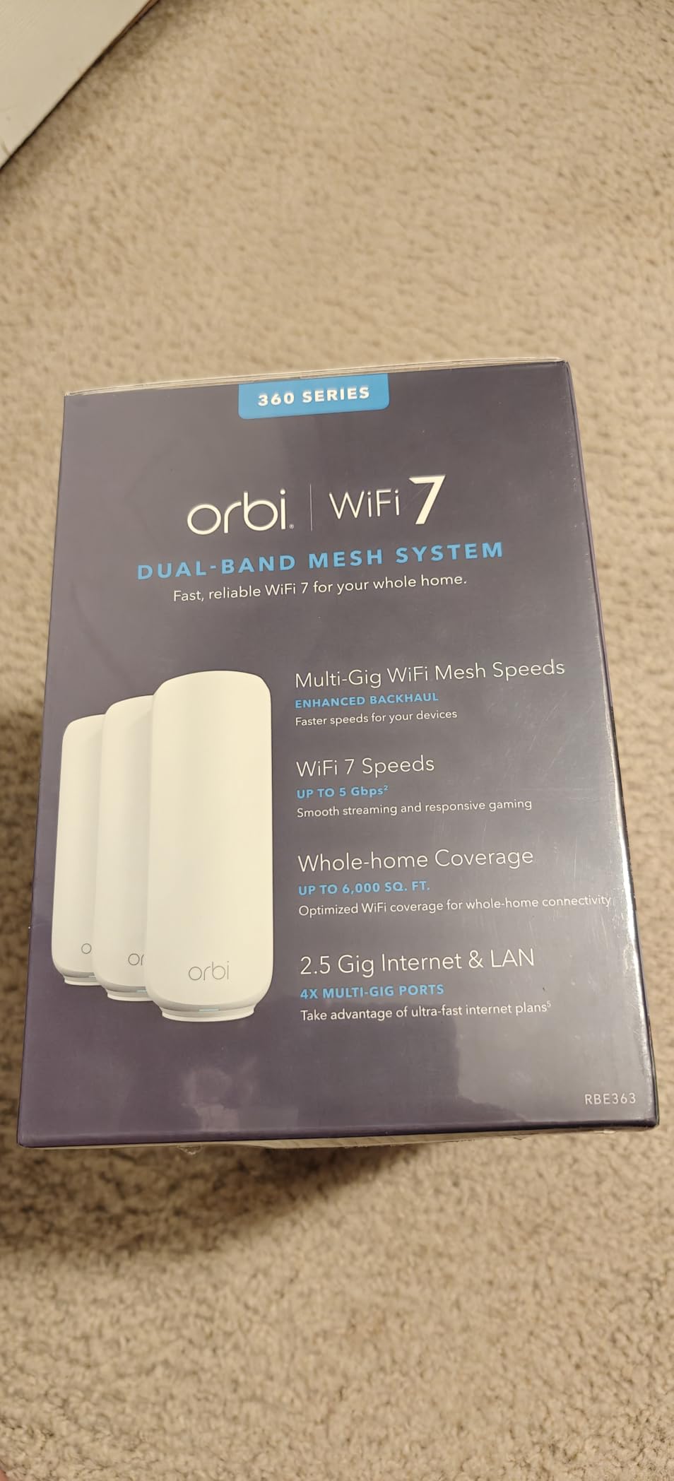 NETGEAR Orbi 360 Series Dual-Band WiFi 7 Mesh Network System for Home (RBE363) – Wireless Router + 2 Extenders, Security Features, 5 Gbps, Covers 6,000 sq.ft., 70 Devices, 2.5GB Internet Port, BE5000 - Customer Photo 3