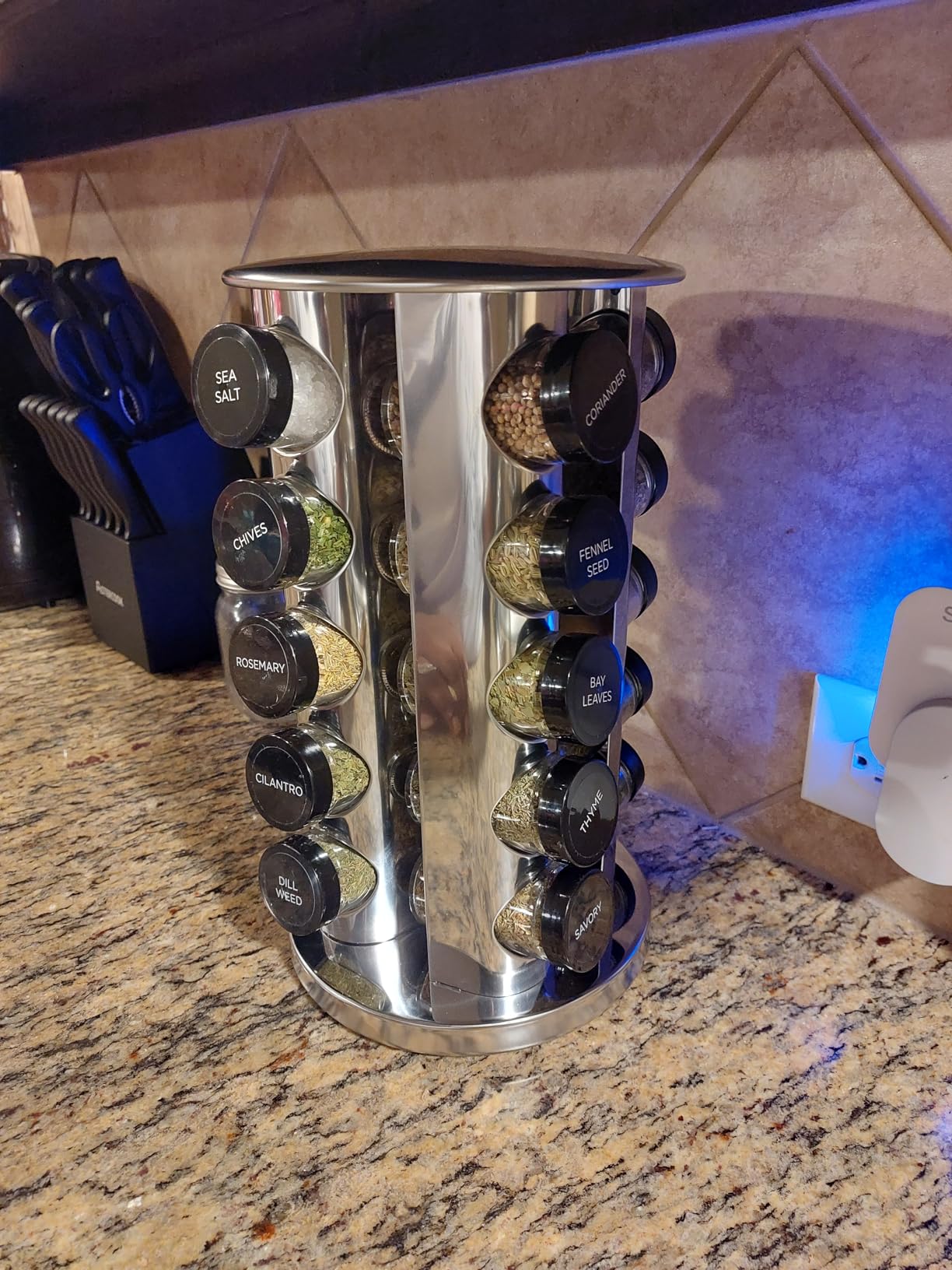 Kamenstein 20 Jar Revolving Countertop Spice Rack with Spices Included, FREE Spice Refills for 5 Years, Polished Stainless Steel with Black Caps, 30020 customer photo 1