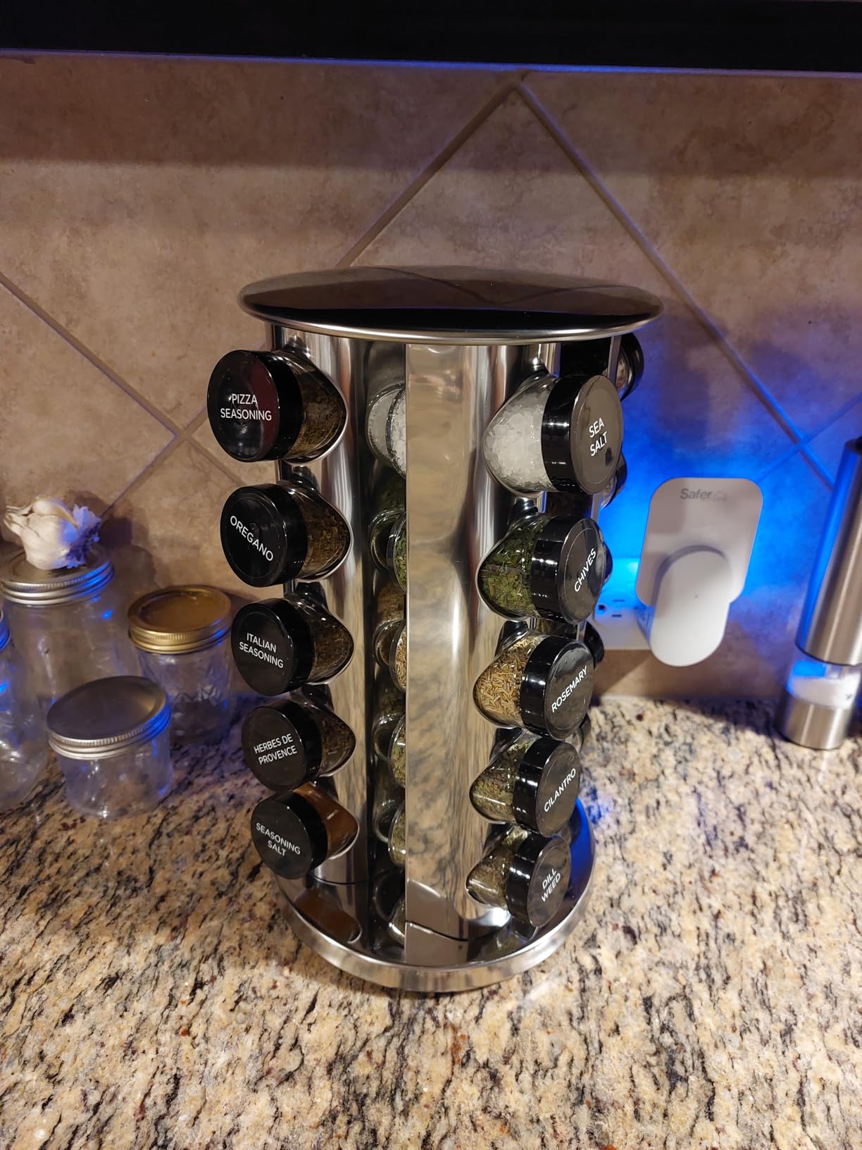 Kamenstein 20 Jar Revolving Countertop Spice Rack with Spices Included, FREE Spice Refills for 5 Years, Polished Stainless Steel with Black Caps, 30020 customer photo 2