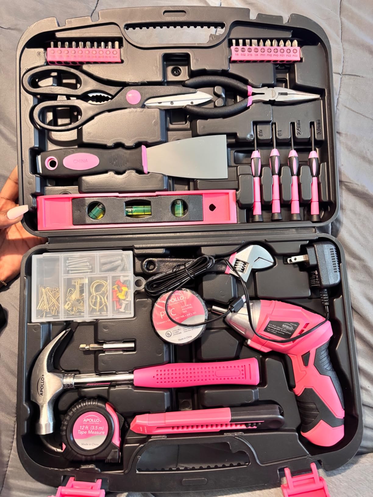 Apollo Tools Original 39 Piece General Household Tool Set in Toolbox Storage Case with Essential Hand Tools for Everyday Home Repairs, DIY and Crafts - Pink Ribbon - Customer Photo 1