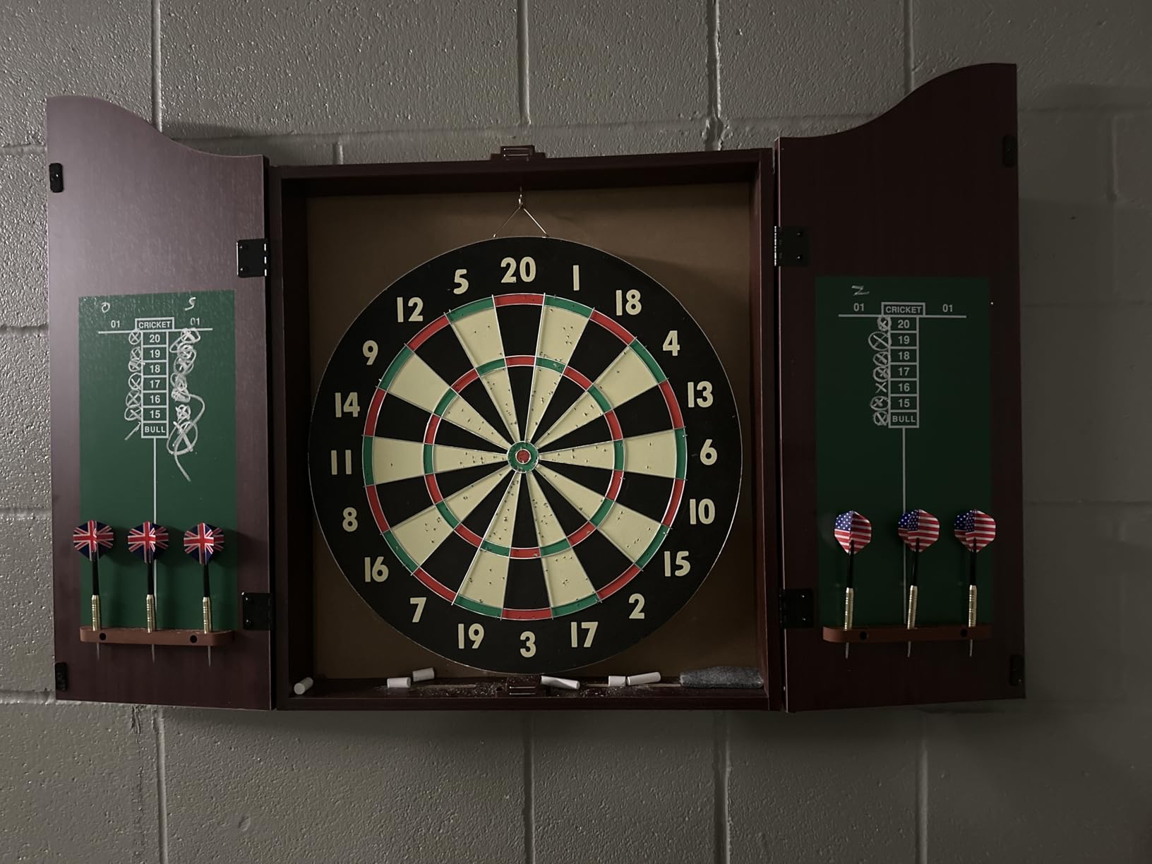 Dart Board Cabinet Set with 18-inch Dartboard, 6 Steel-Tip Darts, and Chalkboard Scoring for Game Rooms, Man Caves, and Home Bars by Trademark Poker - Customer Photo 1