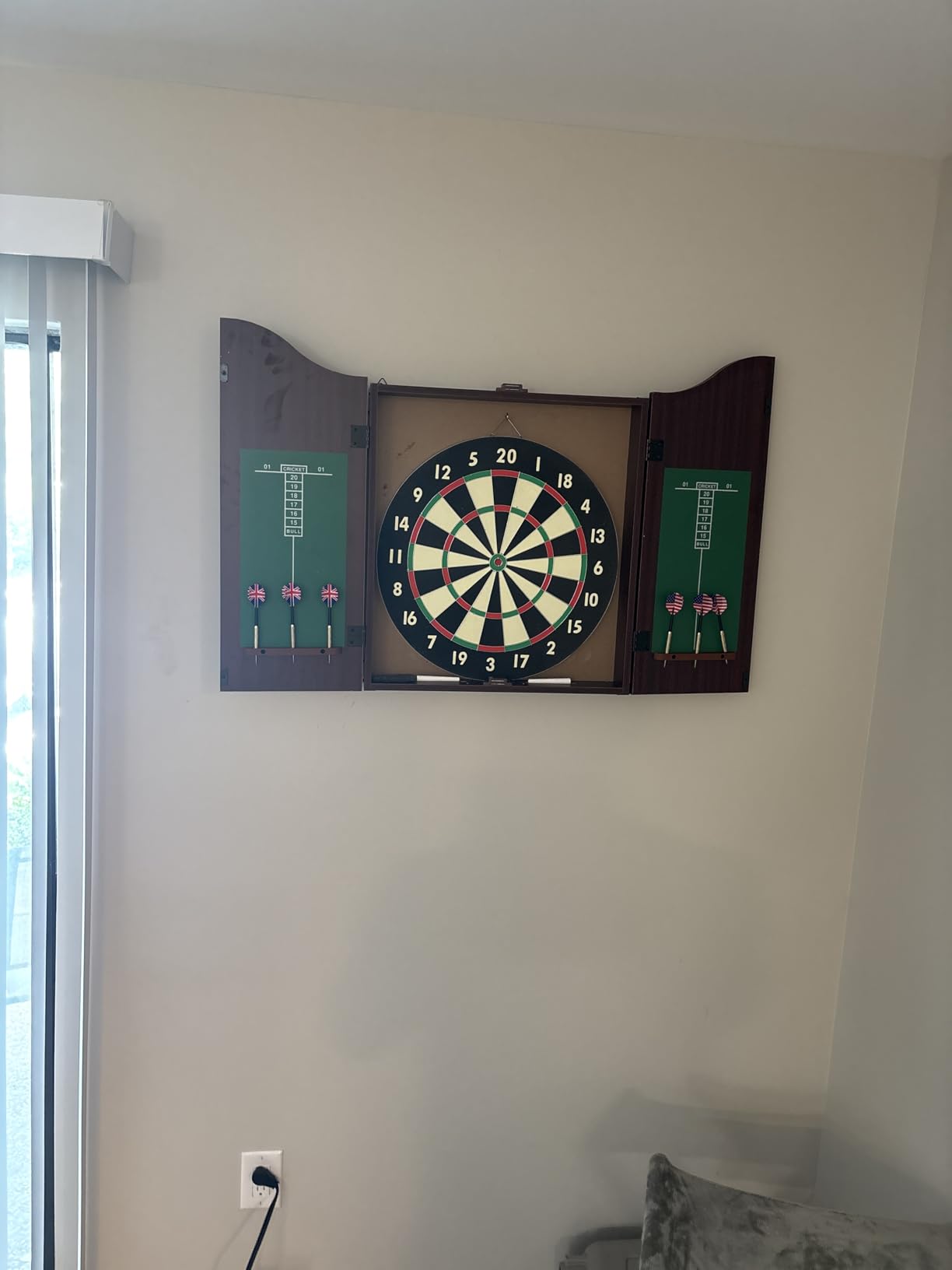 Dart Board Cabinet Set with 18-inch Dartboard, 6 Steel-Tip Darts, and Chalkboard Scoring for Game Rooms, Man Caves, and Home Bars by Trademark Poker - Customer Photo 2