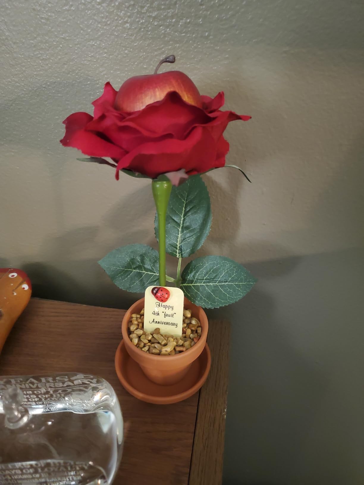 JustPaperRoses – Fruit Anniversary Desk Gift – Red Apple – 4th Year JustDeskRoses in Terra Cotta Pot – Handmade 4th Wedding Gift for Him or Her, Artificial Fruit Rose Decoration - Customer Photo 1