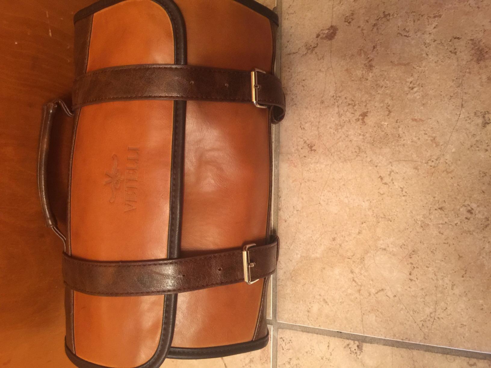 Vetelli Leather Toiletry Bag for Men - Water Resistant, 2 Zippered Internal Pockets, 2 Snap-Fastened Internal Pockets, and Hanging Hook. - Customer Photo 2