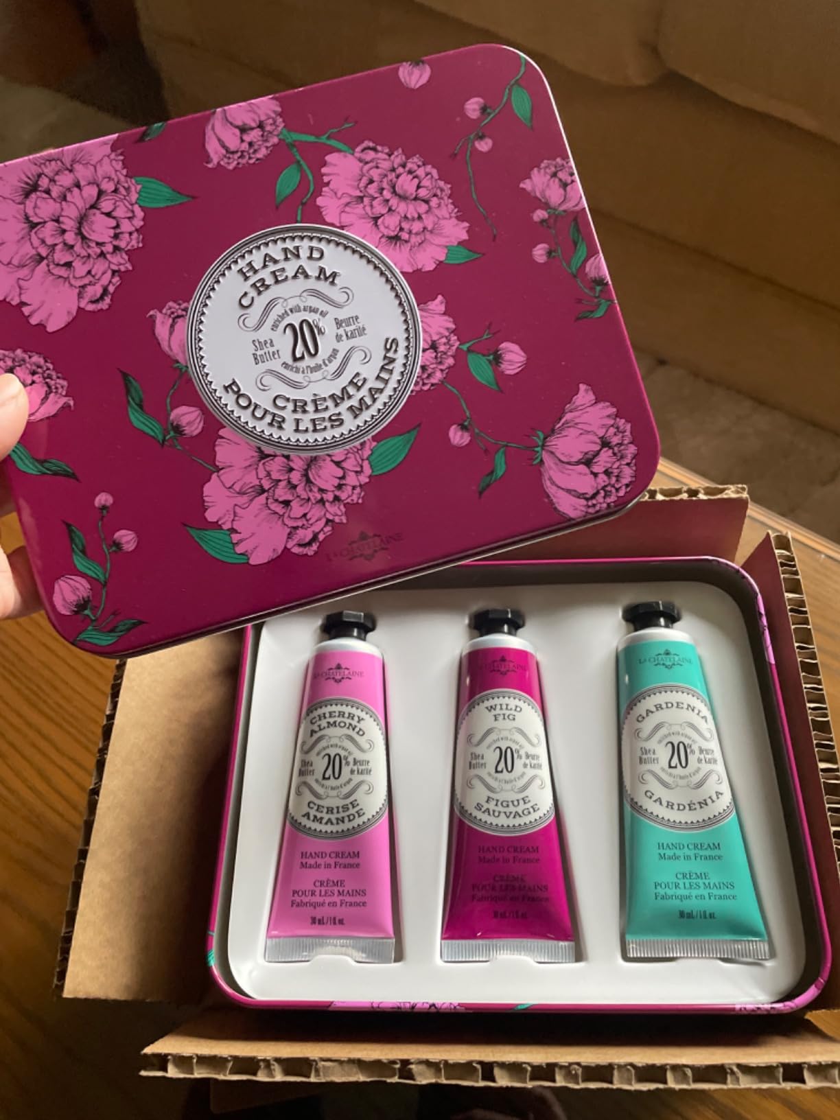La Chatelaine Hand Cream Trio Tin, Holiday Gift Set, Natural Hand Lotion, Made in France with 20% Organic Shea Butter, Nourishing (Gardenia or Coconut Milk, Orange Blossom, Oud Rose) 3 x 1 fl. oz - Customer Photo 0