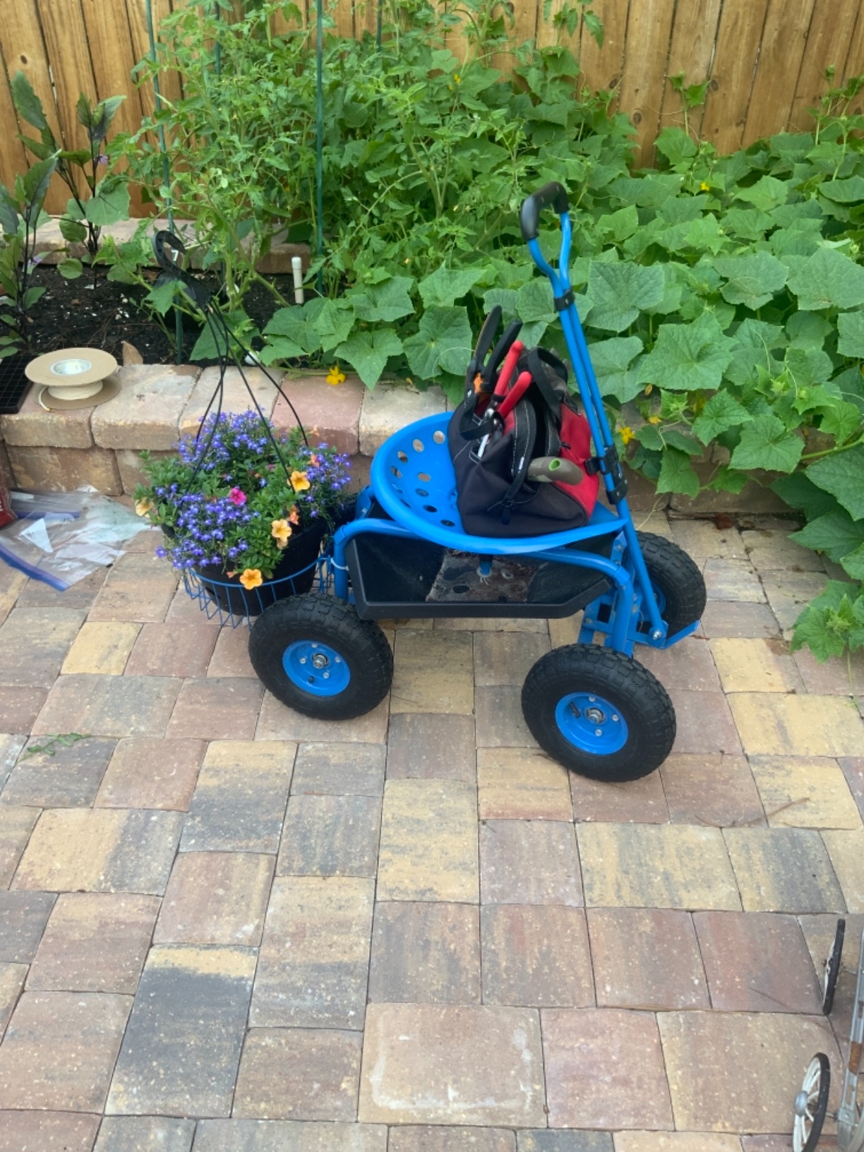 Sunnydaze Garden Seat with Wheels - Rolling Gardening Seat - Garden Stool on Wheels with Adjustable Handle and Utility Tray - Blue - Customer Photo 1