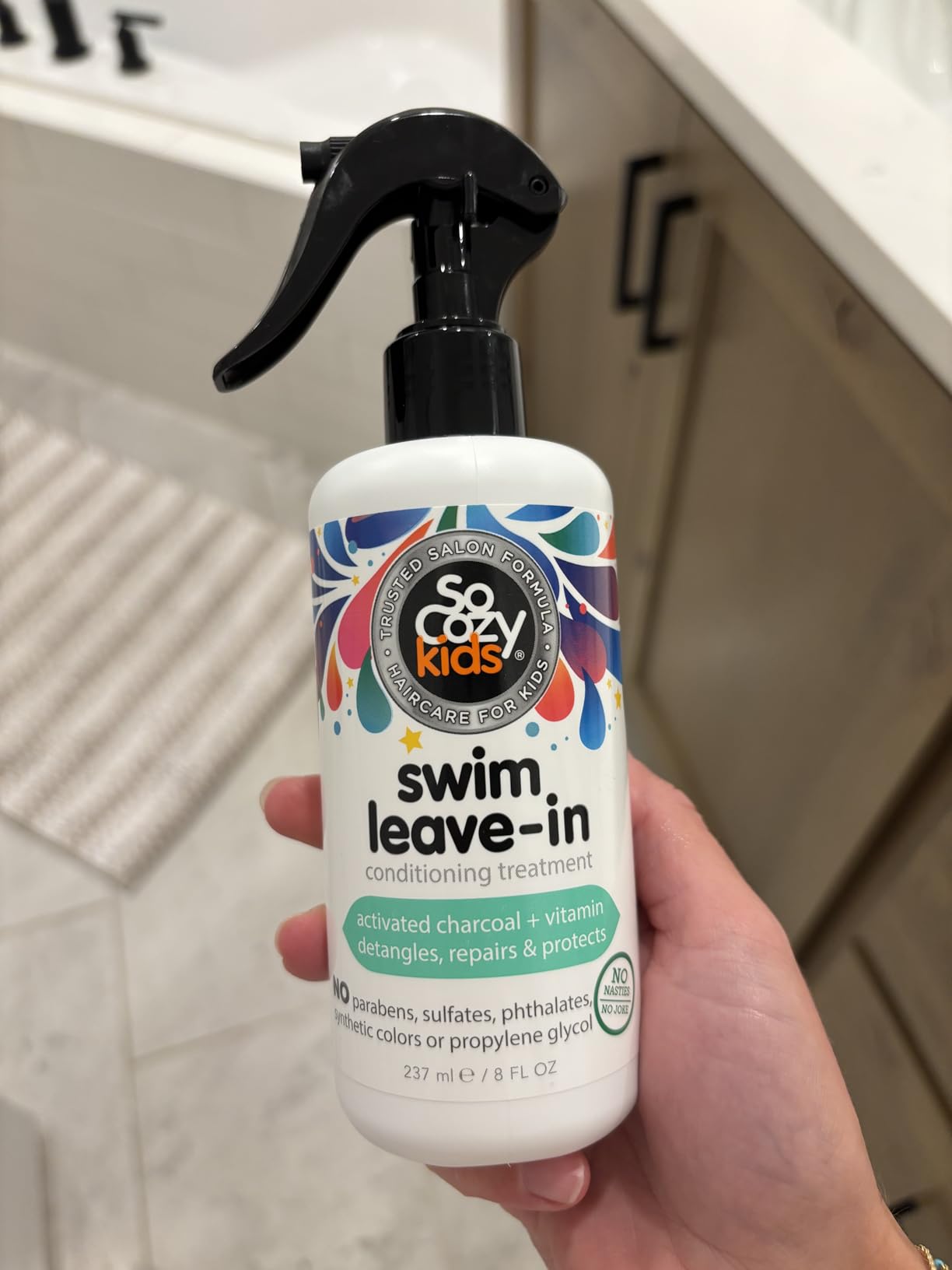 SoCozy Swim Leave In Conditioner Spray & Treatment for Kids Hair (8 Fl Oz) Protects & Repairs Pool, Sun & Salt Damaged Hair, Gentle Formula with Activated Charcoal, Vitamin B5 & Sunflower Seed Extract - Customer Photo 1