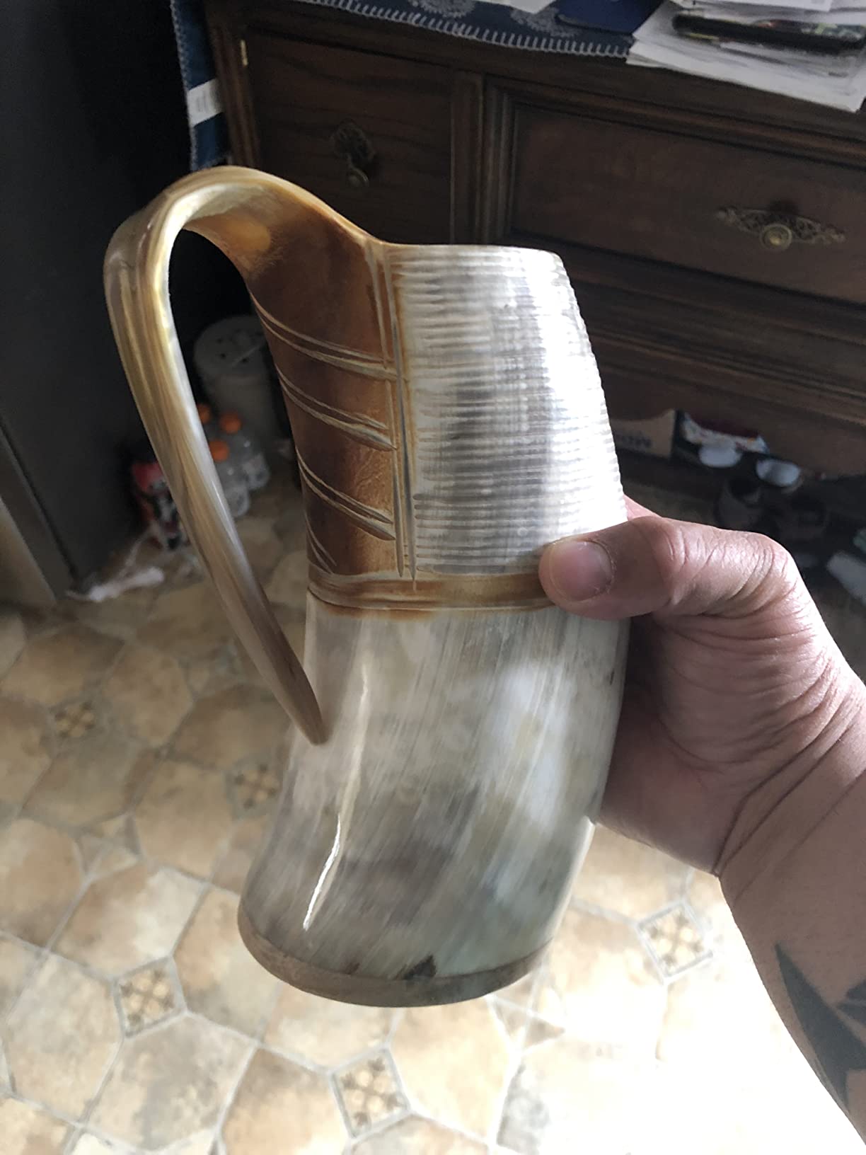 Norse Tradesman Original LG Viking Drinking Horn Mug - 100% Authentic Beer Horn Tankard With Rosewood Base & Burlap Gift Sack | The Original, High Polish, approx. 16 oz - Customer Photo 1