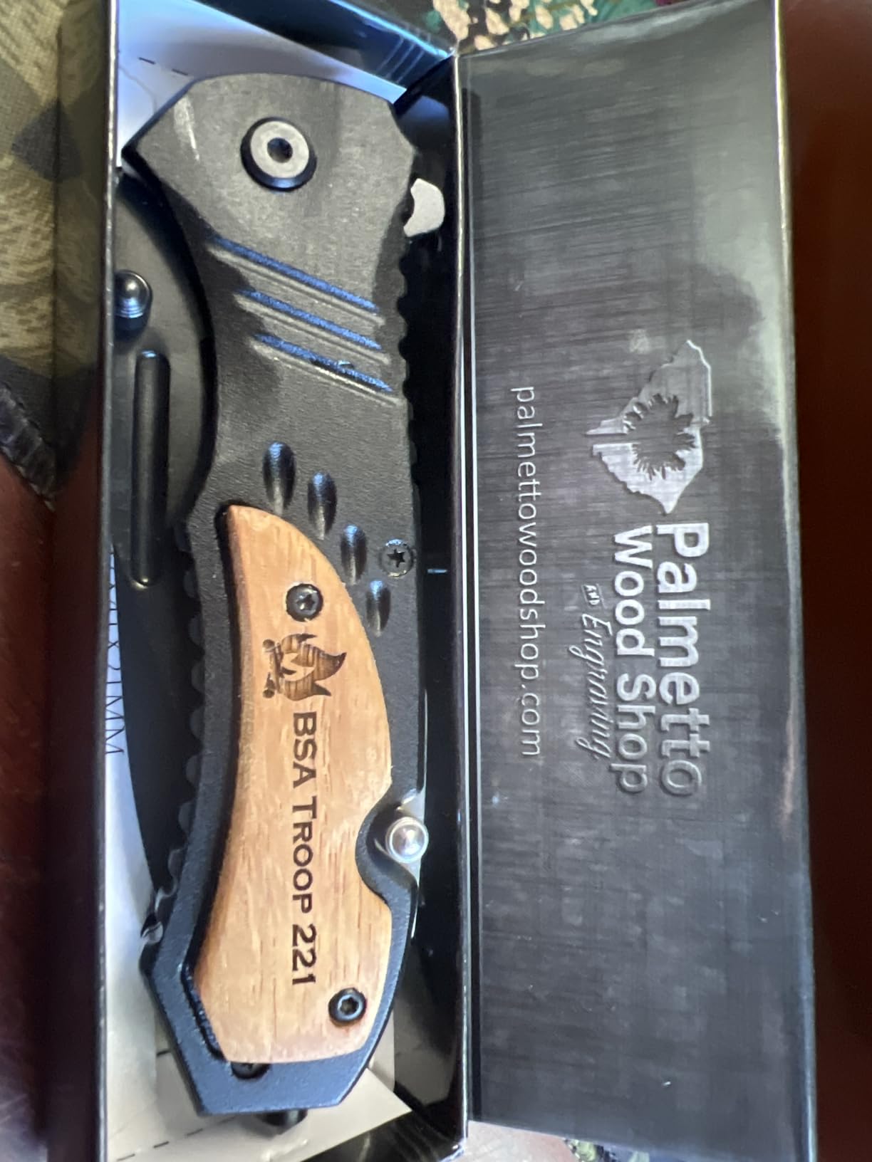 Palmetto Wood Shop Custom Pocket Knife - Laser Engraved Pocket Knife Gift for Men, Custom Knife for Camping, Hunting, Everyday Carry - 3.25-inch Stainless Steel Blade, 4.5-inch Black/Wood Handle - Customer Photo 1