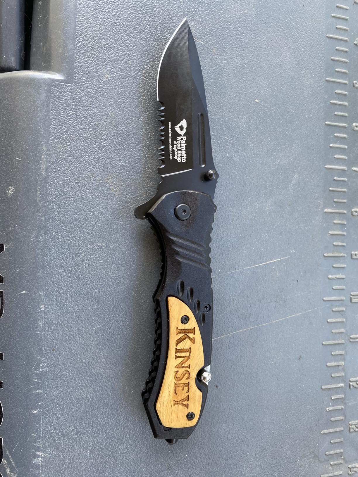 Palmetto Wood Shop Custom Pocket Knife - Laser Engraved Pocket Knife Gift for Men, Custom Knife for Camping, Hunting, Everyday Carry - 3.25-inch Stainless Steel Blade, 4.5-inch Black/Wood Handle - Customer Photo 2