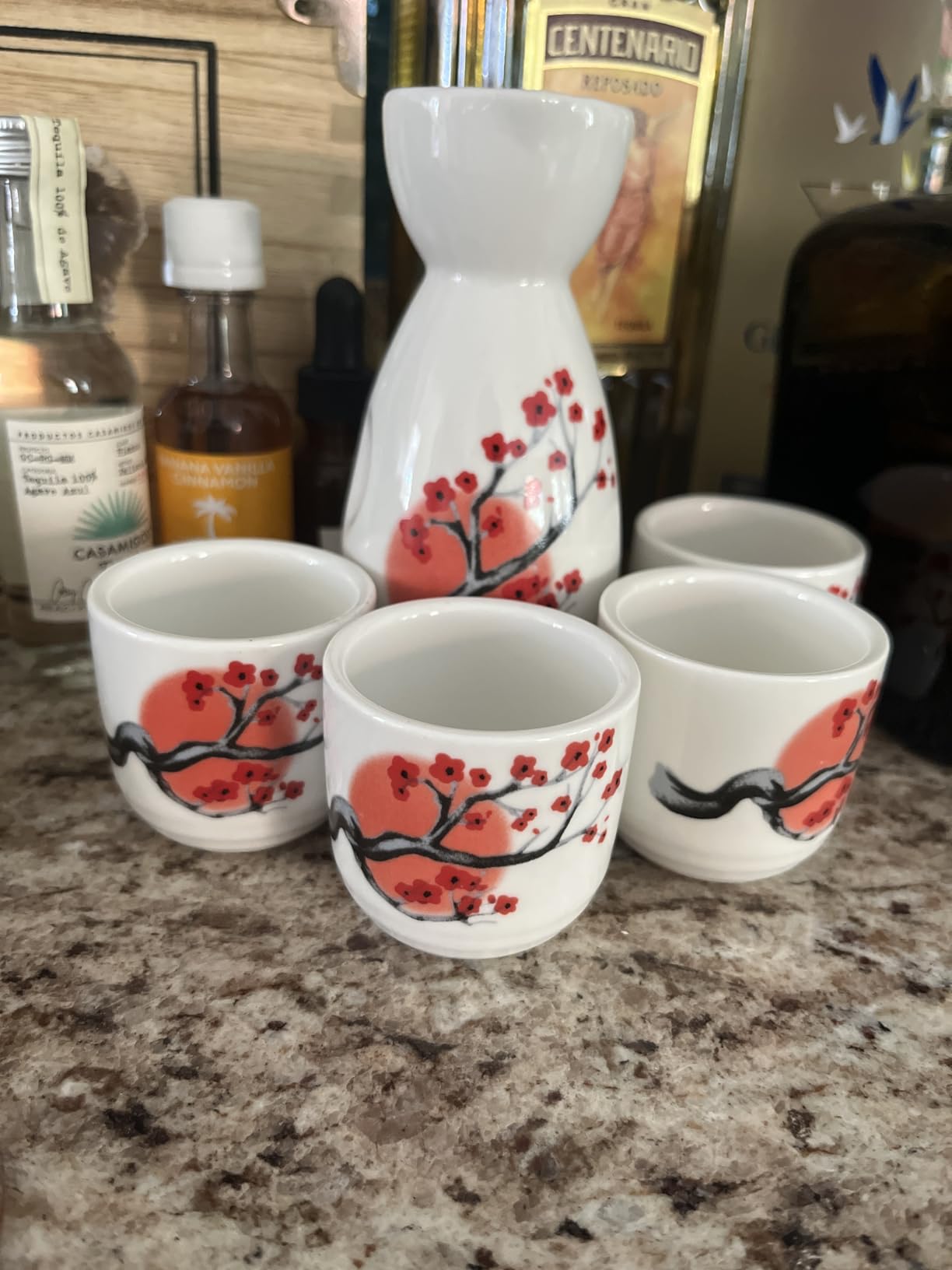 Tosnail 5 Pieces Ceramic Japanese Sake Set, 1 Serving Carafe and 4 Cups - Pink Sakura - Customer Photo 1
