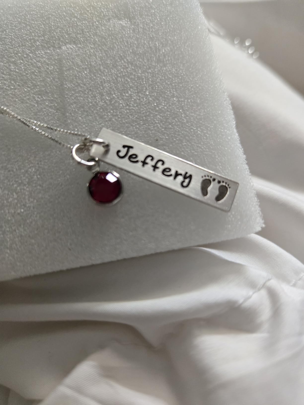 My Tiny Prints Personalized Sterling Silver Name Necklace. Customize with Child's Name, Engraved with Solid Baby Feet. Add Your Choice of Birthstone and Sterling Silver Chain. Gifts for Her, New Mom - Customer Photo 2