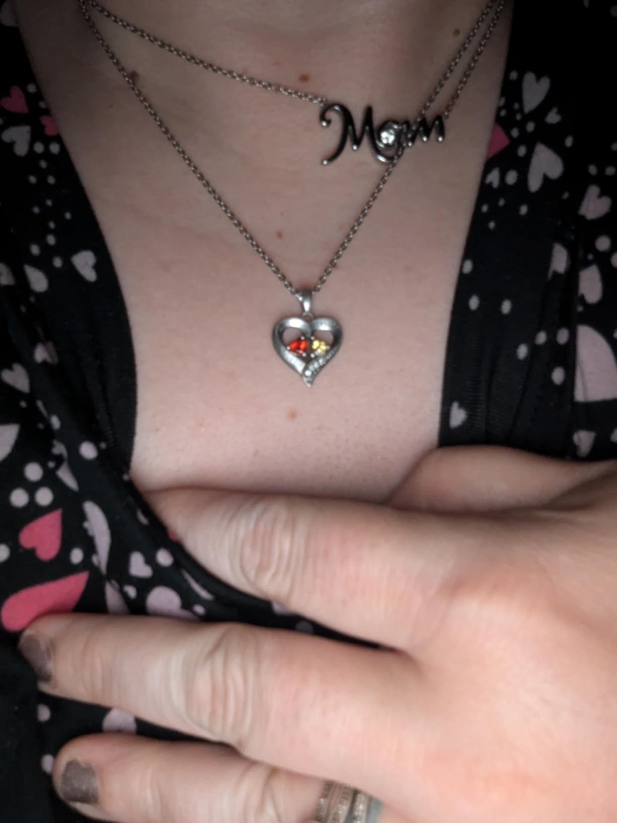 Sterling Silver Personalized 2 Names Necklace with 2 Heart Simulated Birthstone Couple Pendant Necklace for Women - Customer Photo 1