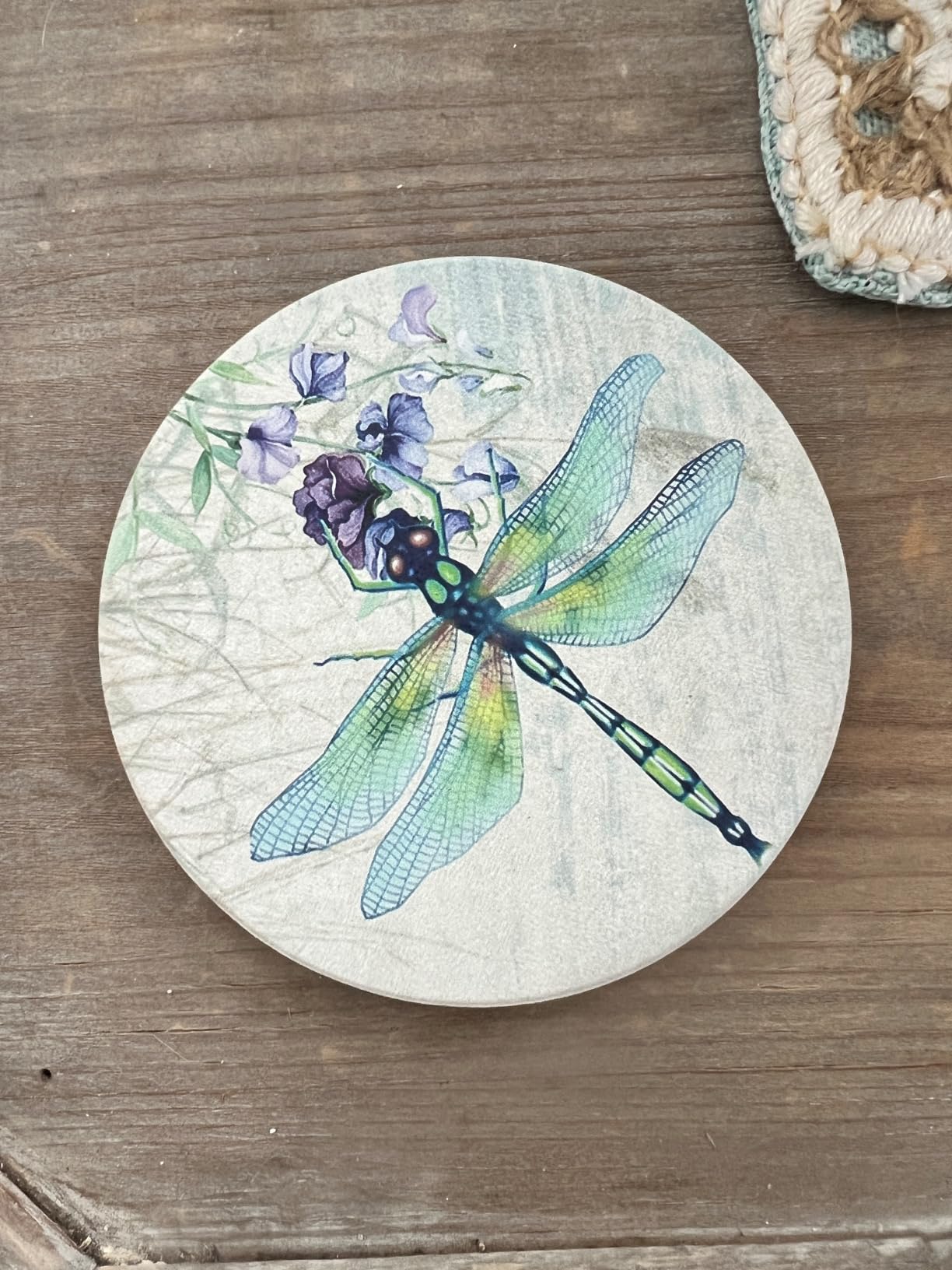 Absorbent Ceramic Stone Coasters, Dragonfly,Set of 4 Stone Coasters - Customer Photo 1