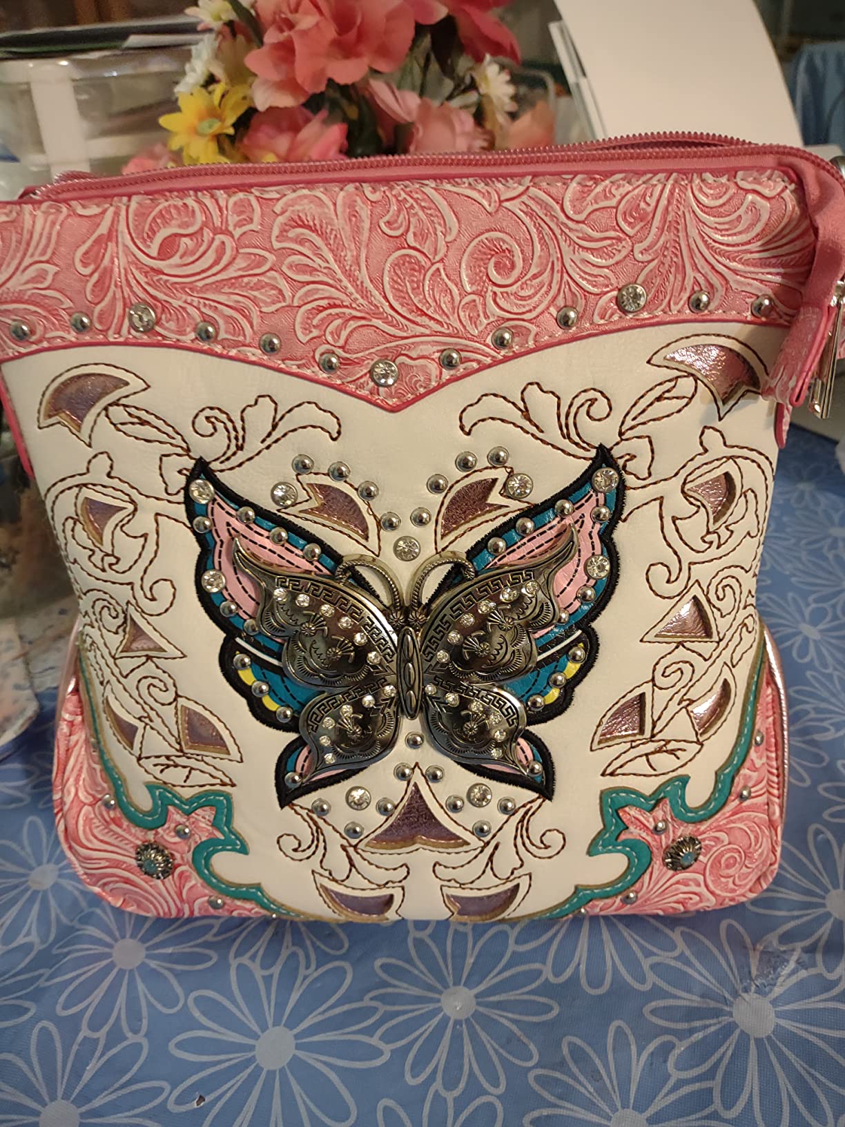 Western Style Metal Butterfly Rhinestone Studded Floral Tooled Leather Women Purse Crossbody Handbag Single Shoulder Bag - Customer Photo 1