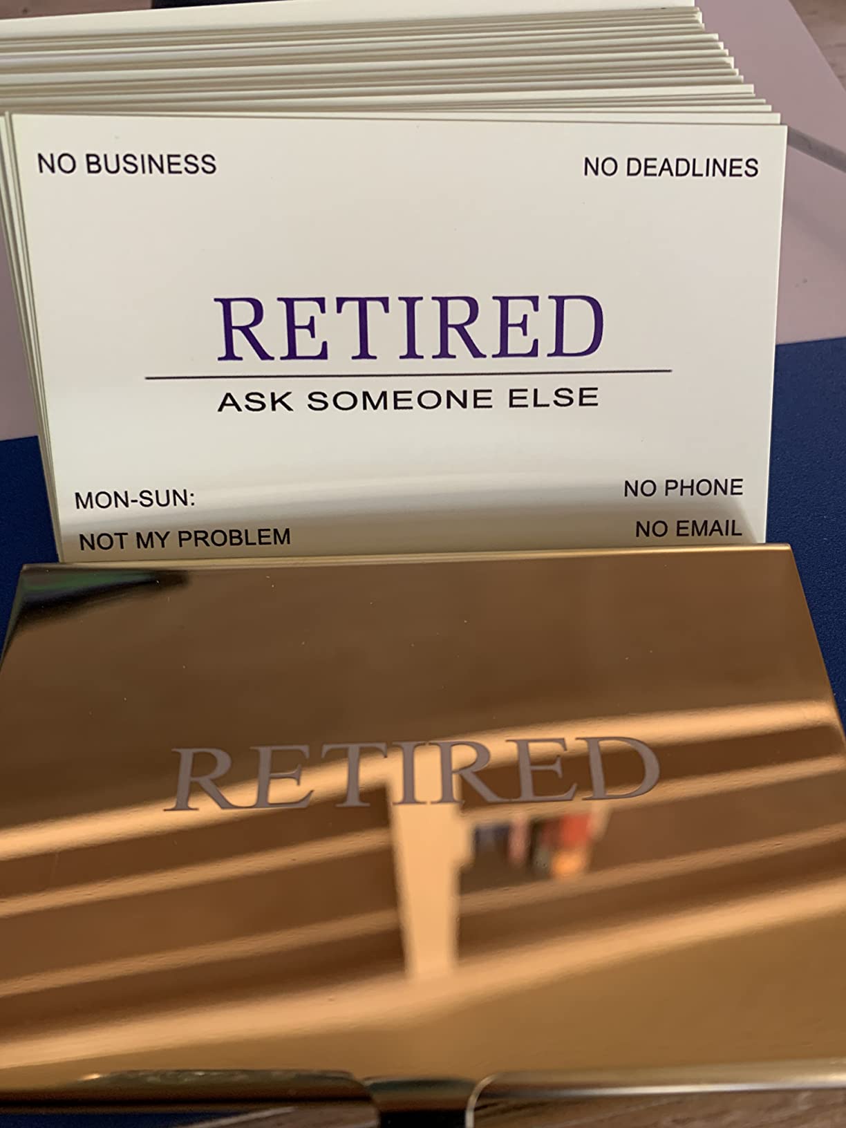 RXBC2011 Retired Business Cards Funny Retirement Gift (Pack of 50/With Gold Mirror Stainless Steel Case) For Retired Men Women Coworkers Employees Boss Friend Colleague - Customer Photo 1