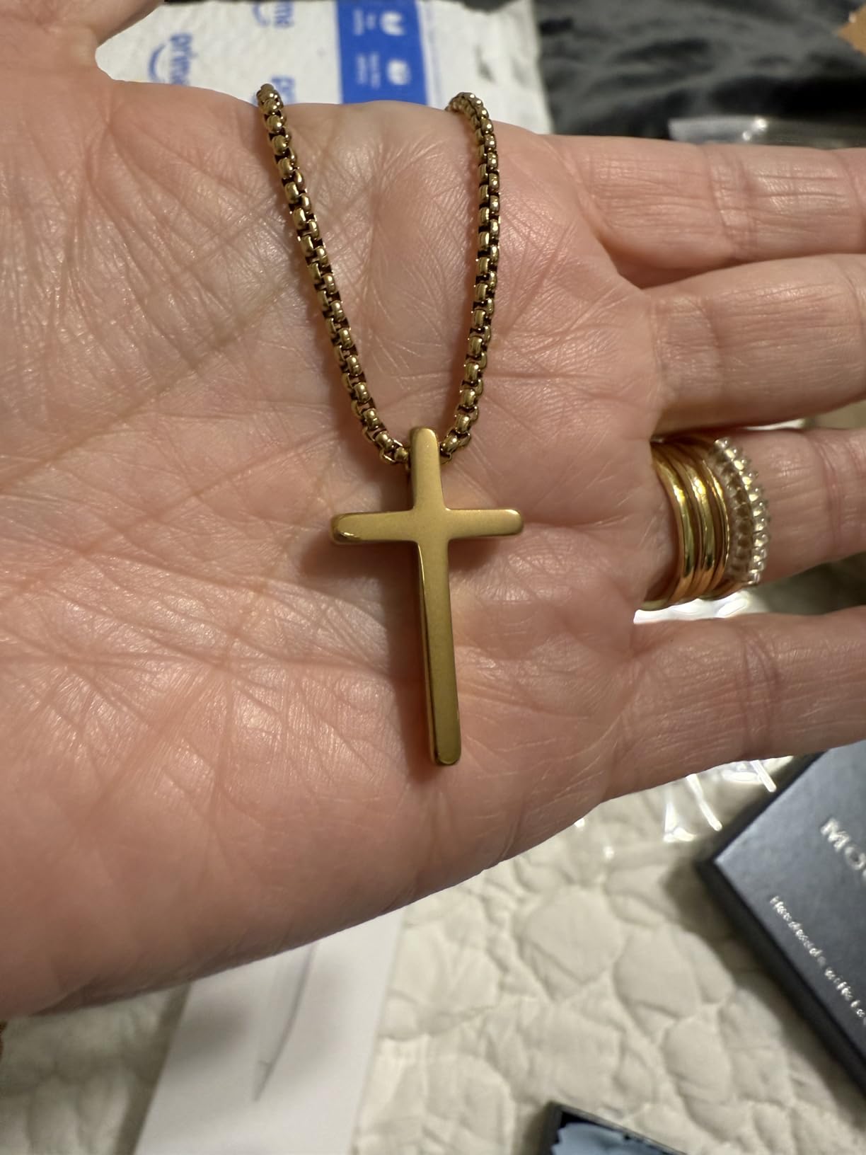 Cross Necklace for Men, Silver Black Gold Stainless Steel Plain Cross Pendant Necklace for Men Box Chain 16-30 Inch - Customer Photo 2