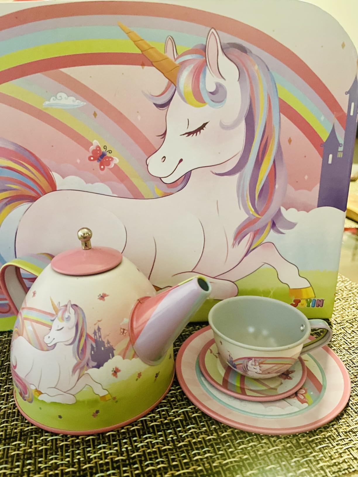 JOYIN Mermaid Tea Party Set for Little Girls, Pretend Tin Teapot Set, Princess Tea Time Play Kitchen Toy with Teapot, Cups, Plates, Carrying Case for Christmas Birthday Gifts Kids Toddlers Age 3 4 5 6 - Customer Photo 1