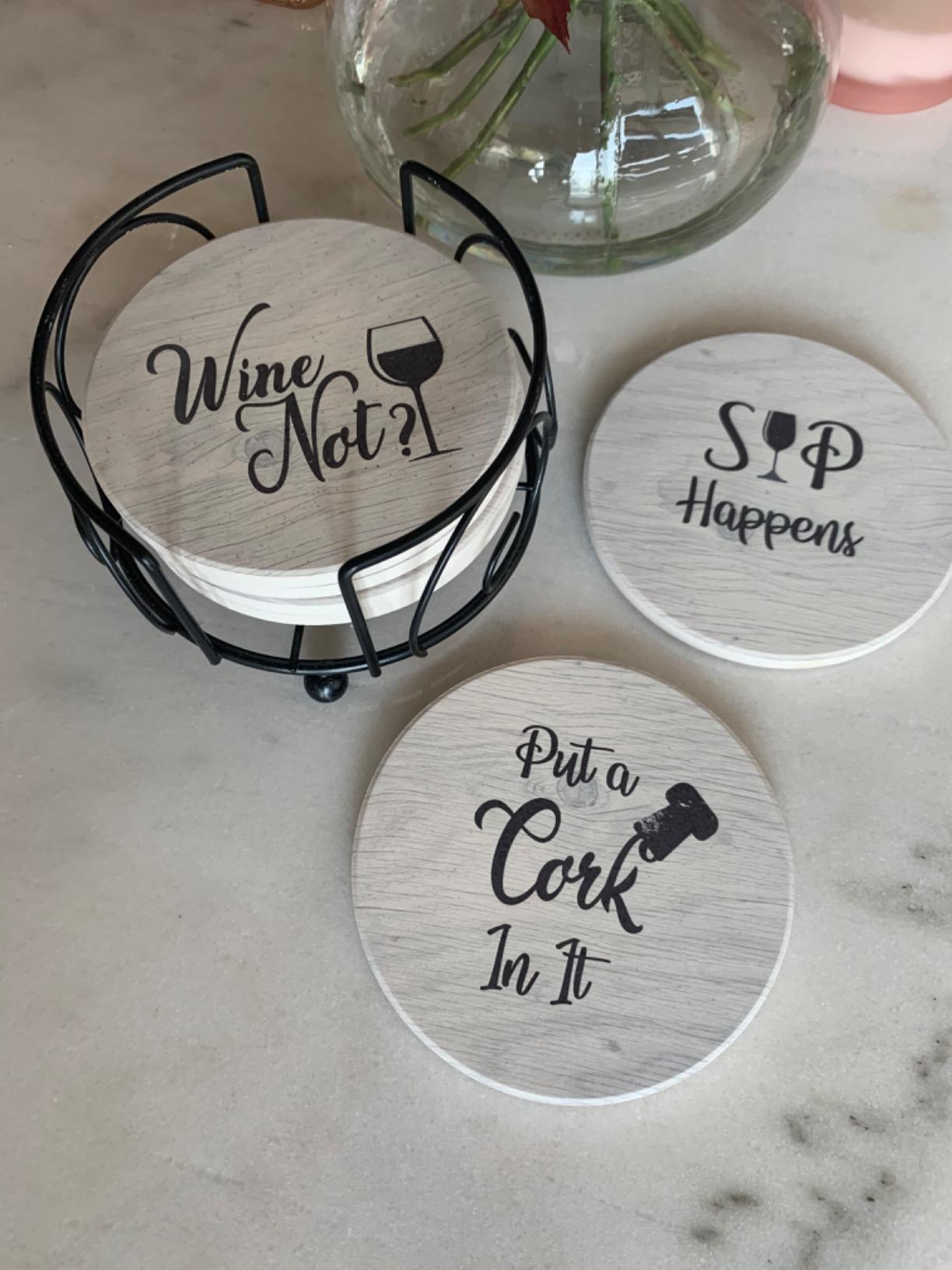 Coasters for Drinks Absorbents with Holder - 6 Pcs Gift Set with 6 Funny Sayings for Wine Lovers - Ceramic Stone with Corked Back, Unique Present for Housewarming, Living Room Decor - Customer Photo 1