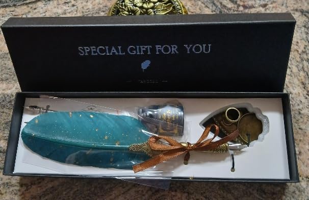 VANGOAL Vintage Green Feather Pen and Ink Set, Classic Series Goose Quill Pen with Carving Pen Stand, Calligraphy Pen Nibs, Black Dip Pen Ink, Antique Writing Gift for Writer - Customer Photo 1