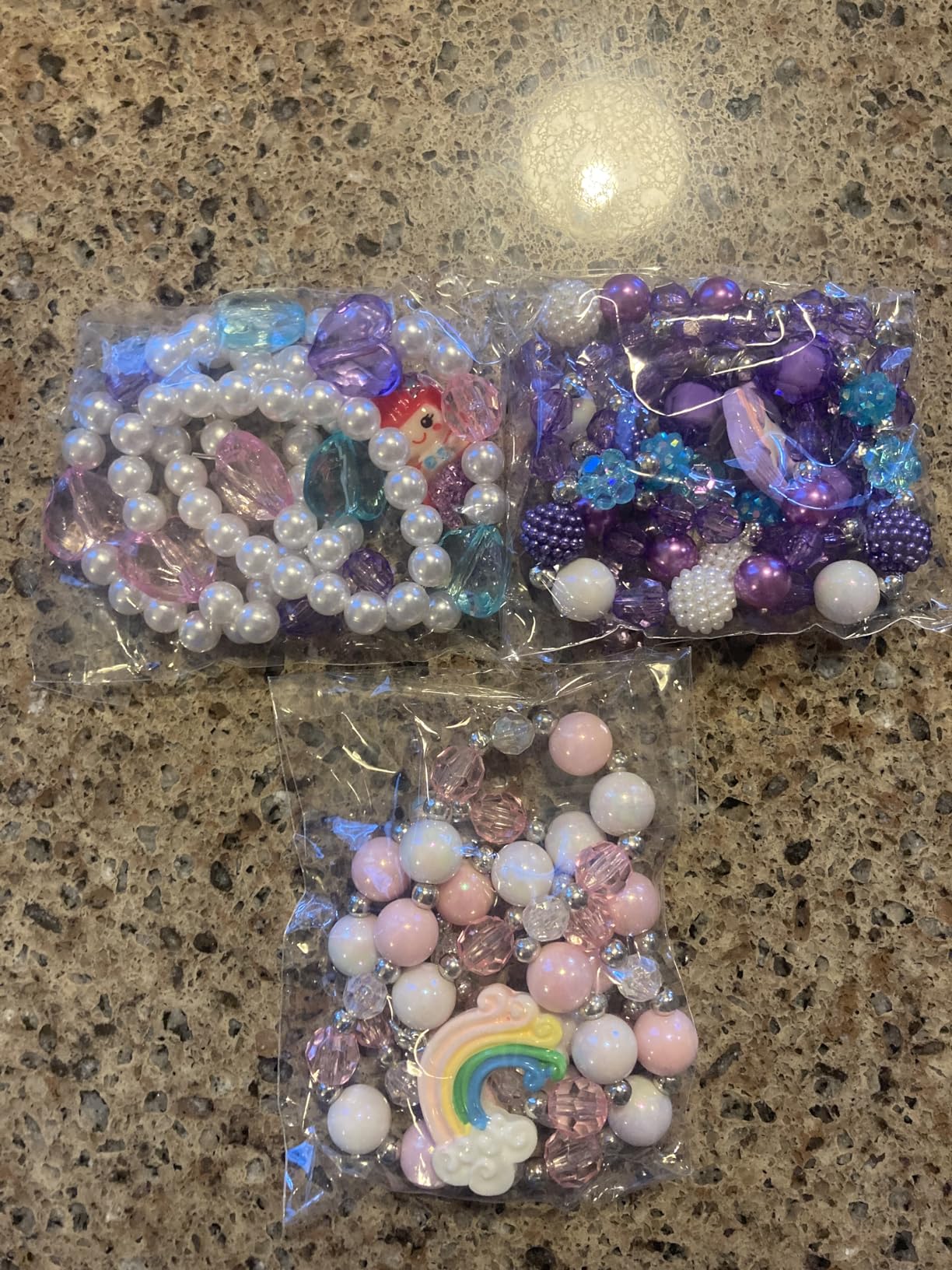 G.C 3 Sets Girl Princess Necklace Bracelet with Colorful Unicorn Mermaid Rainbow Pendant Kids Stretchy Chunky Costume Jewelry Gift Party Favors Dress up Jewelry for Little Girl Toddler(with Gift Box) (A) - Customer Photo 1