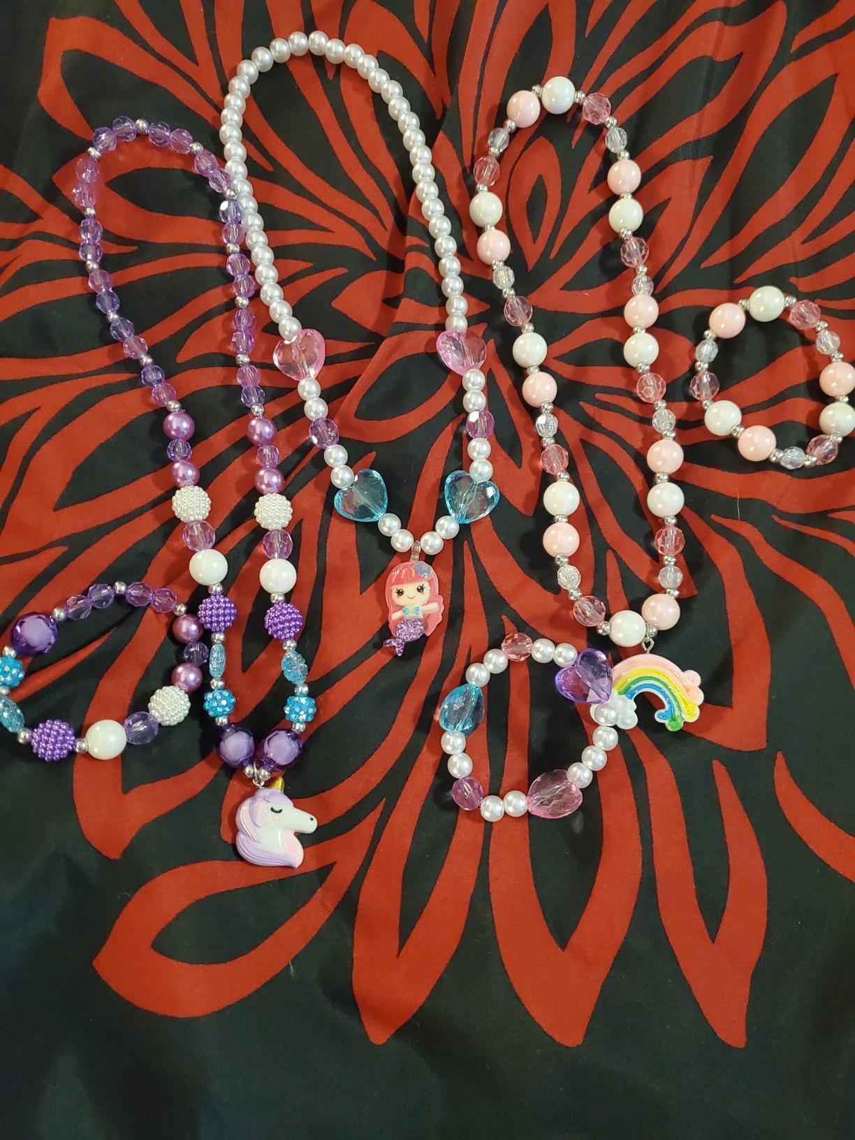G.C 3 Sets Girl Princess Necklace Bracelet with Colorful Unicorn Mermaid Rainbow Pendant Kids Stretchy Chunky Costume Jewelry Gift Party Favors Dress up Jewelry for Little Girl Toddler(with Gift Box) (A) - Customer Photo 2