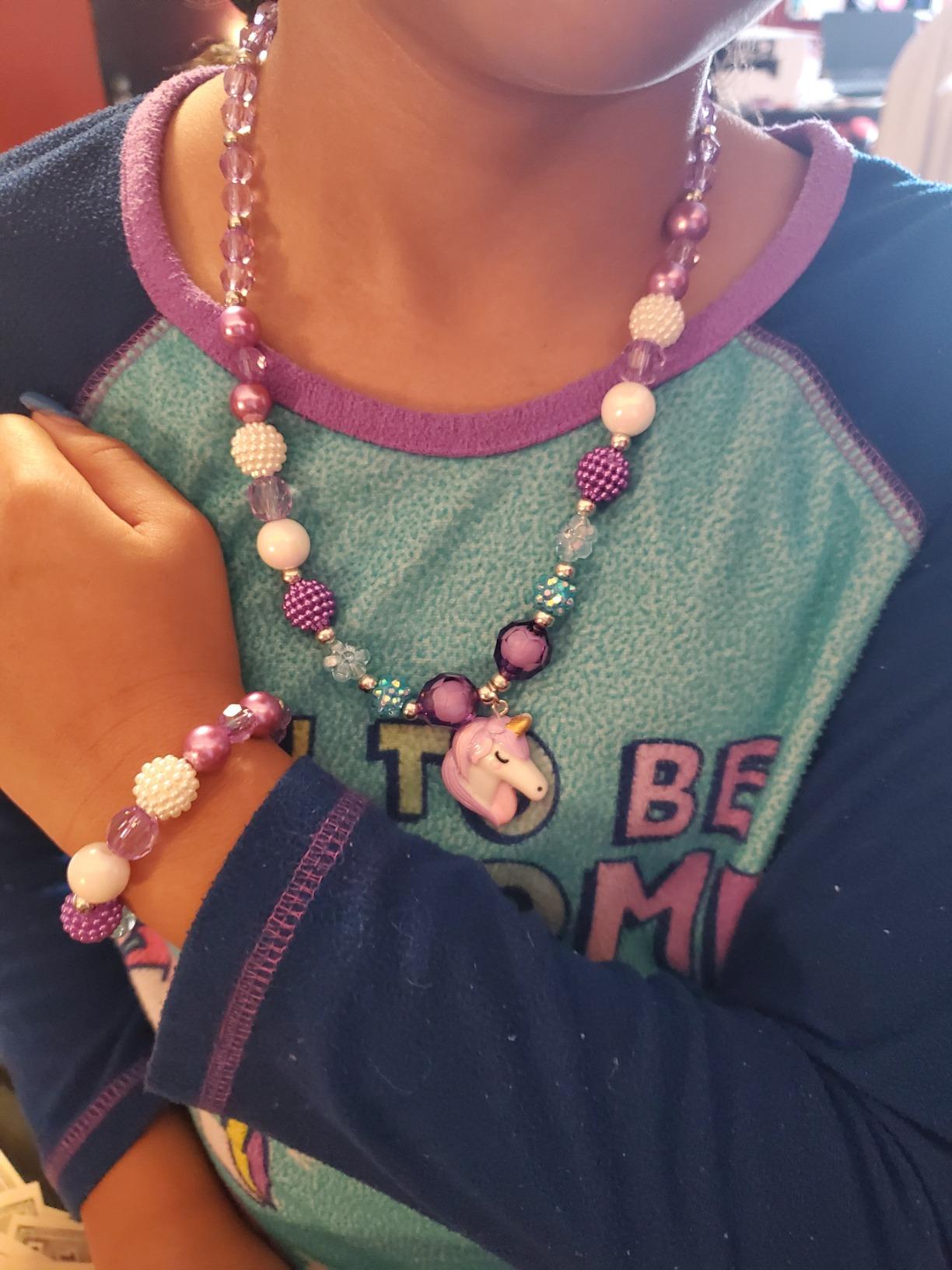 G.C 3 Sets Girl Princess Necklace Bracelet with Colorful Unicorn Mermaid Rainbow Pendant Kids Stretchy Chunky Costume Jewelry Gift Party Favors Dress up Jewelry for Little Girl Toddler(with Gift Box) (A) - Customer Photo 3