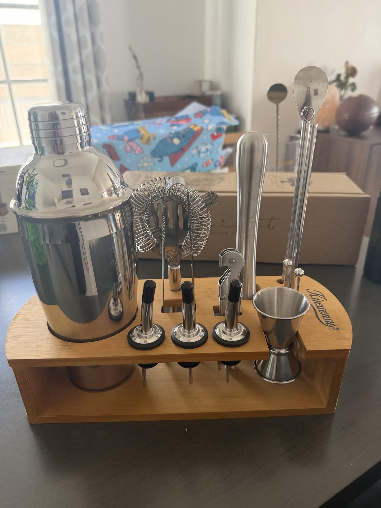 KITESSENSU Cocktail Shaker Set Bartender Kit with Stand | Bar Set Drink Mixer Set with All Essential Accessory Tools: Martini Shaker, Jigger, Strainer, Mixer Spoon, Muddler, Liquor Pourers |Silver Customer Review KITESSENSU Cocktail Shaker Set Bartender Kit with Stand | Bar Set Drink Mixer Set with All Essential Accessory Tools: Martini Shaker, Jigger, Strainer, Mixer Spoon, Muddler, Liquor Pourers |Silver - Customer Photo 1