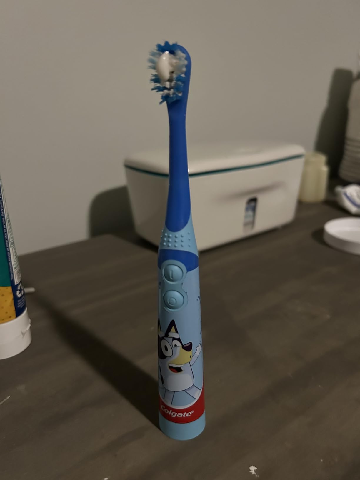 Colgate Kids Battery Powered Toothbrush, Kids Battery Toothbrush with Included AA Battery, Extra Soft Bristles, Flat-Laying Handle to Prevent Rolling, Unicorn Toothbrush, 1 Pack - Customer Photo 1
