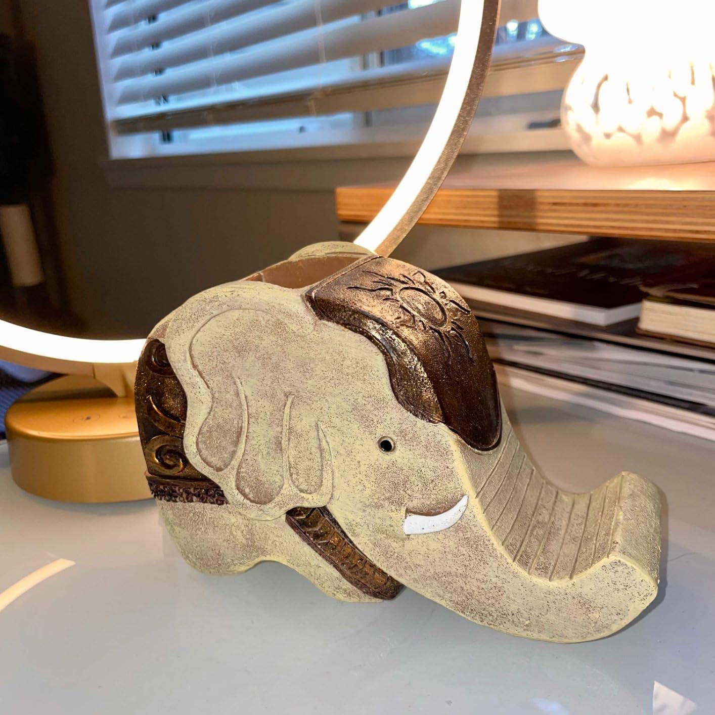 MOKANI Pen Pencil Holder with Phone Stand, Multifunctional Elephant Shaped Desk Organizer Desk Decor Elephant Gifts for Women Cute Desk Accessories Home Office Decoration Thanksgiving Christmas Gift - Customer Photo 2